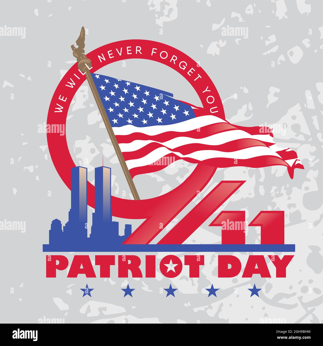 9-11 Patriot Day. We Will Never Forget. September 11, 2001 against the background of the shield and the Twin Towers in the skyline of New York. Stock Vector