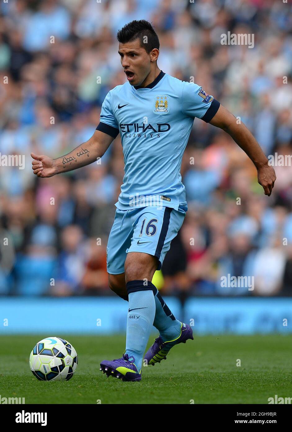 Sergio Aguero of Manchester City during the Barclays Premier League match between Manchester City and Stoke City in Etihad Stadium, Manchester on August 30, 2014. Picture Simon Bellis/Sportimage. Stock Photo