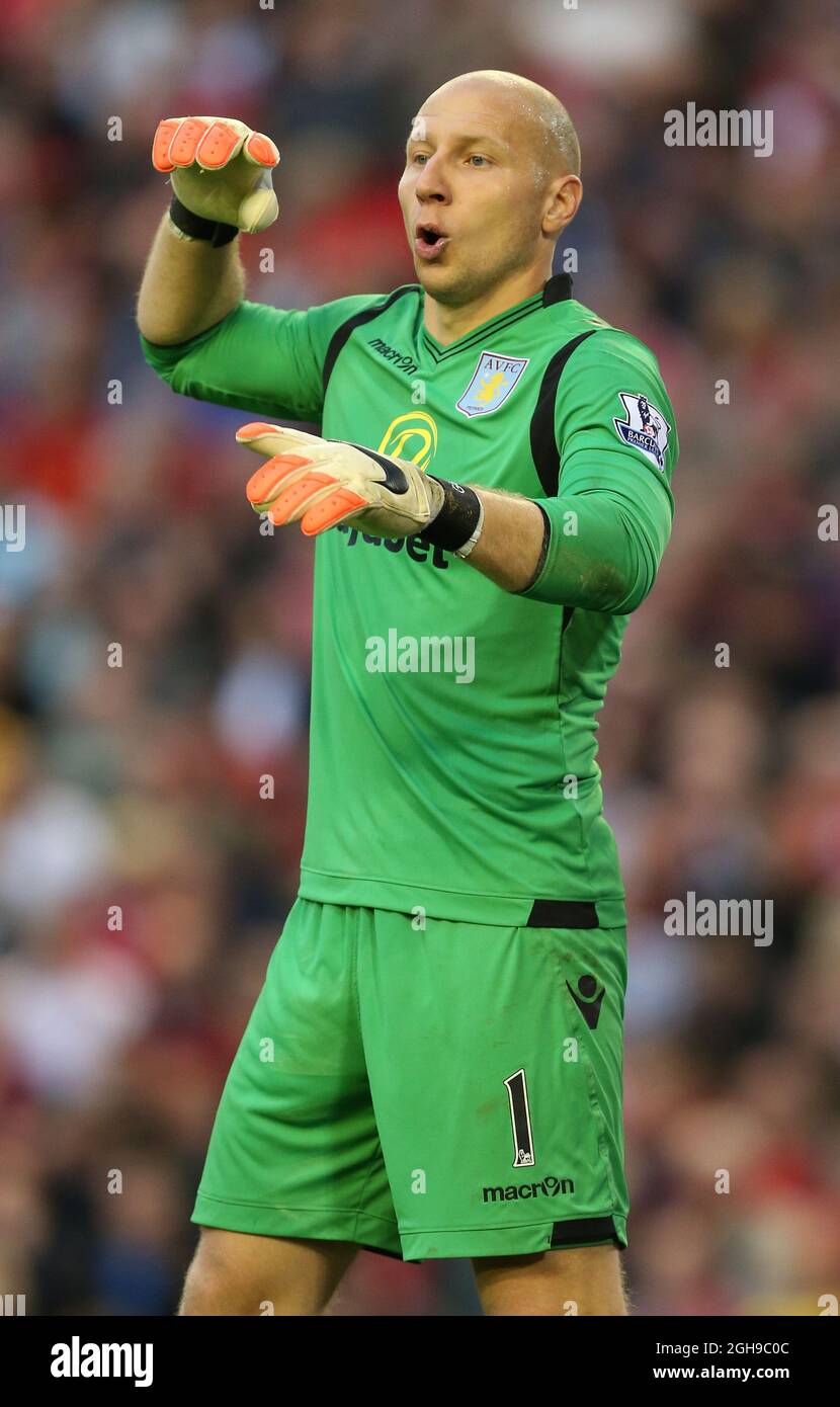 Brad Guzan of Aston Villa during their English Premier League soccer match at Anfield in Liverpool, northern England September 13, 2014. Stock Photo