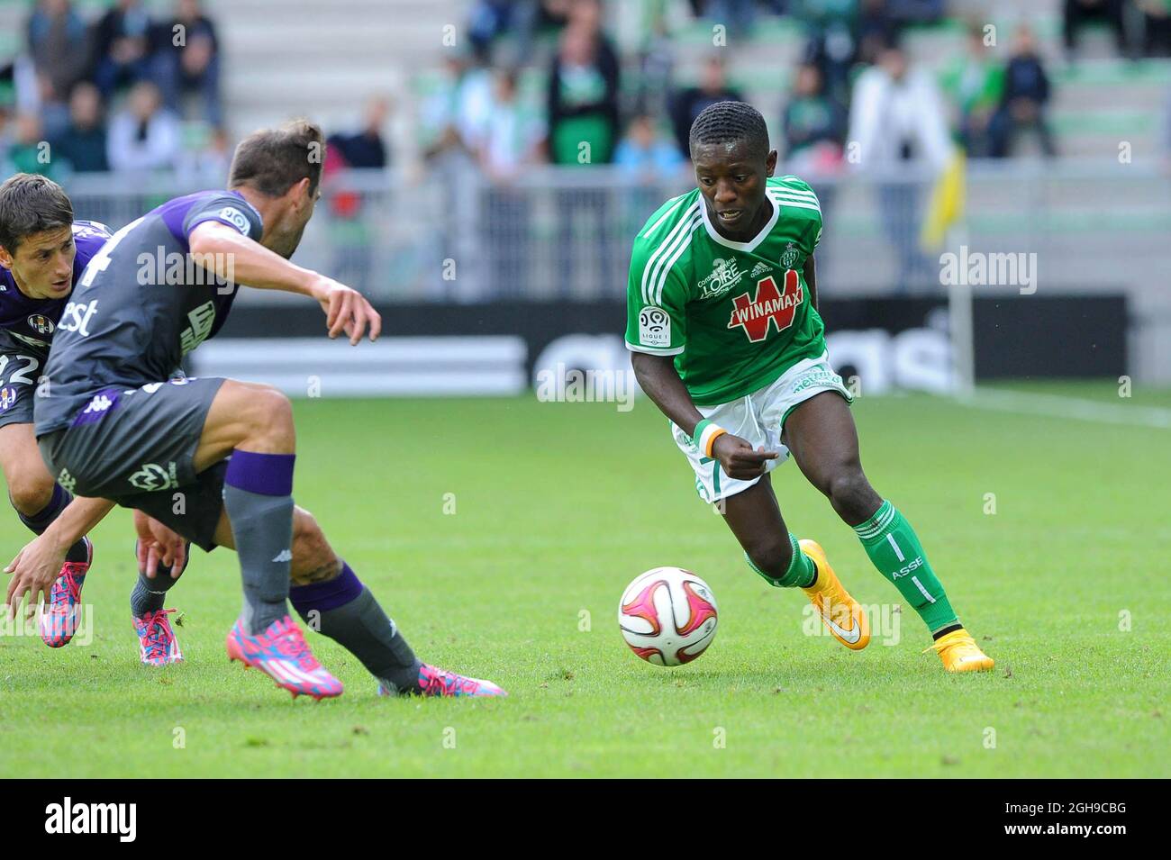 Max Alain Gradel during the French Ligue 1 match between AS Saint Etienne and Toulouse at the Stade Geoffroy Guichard in France on October 05, 2014. Stock Photo