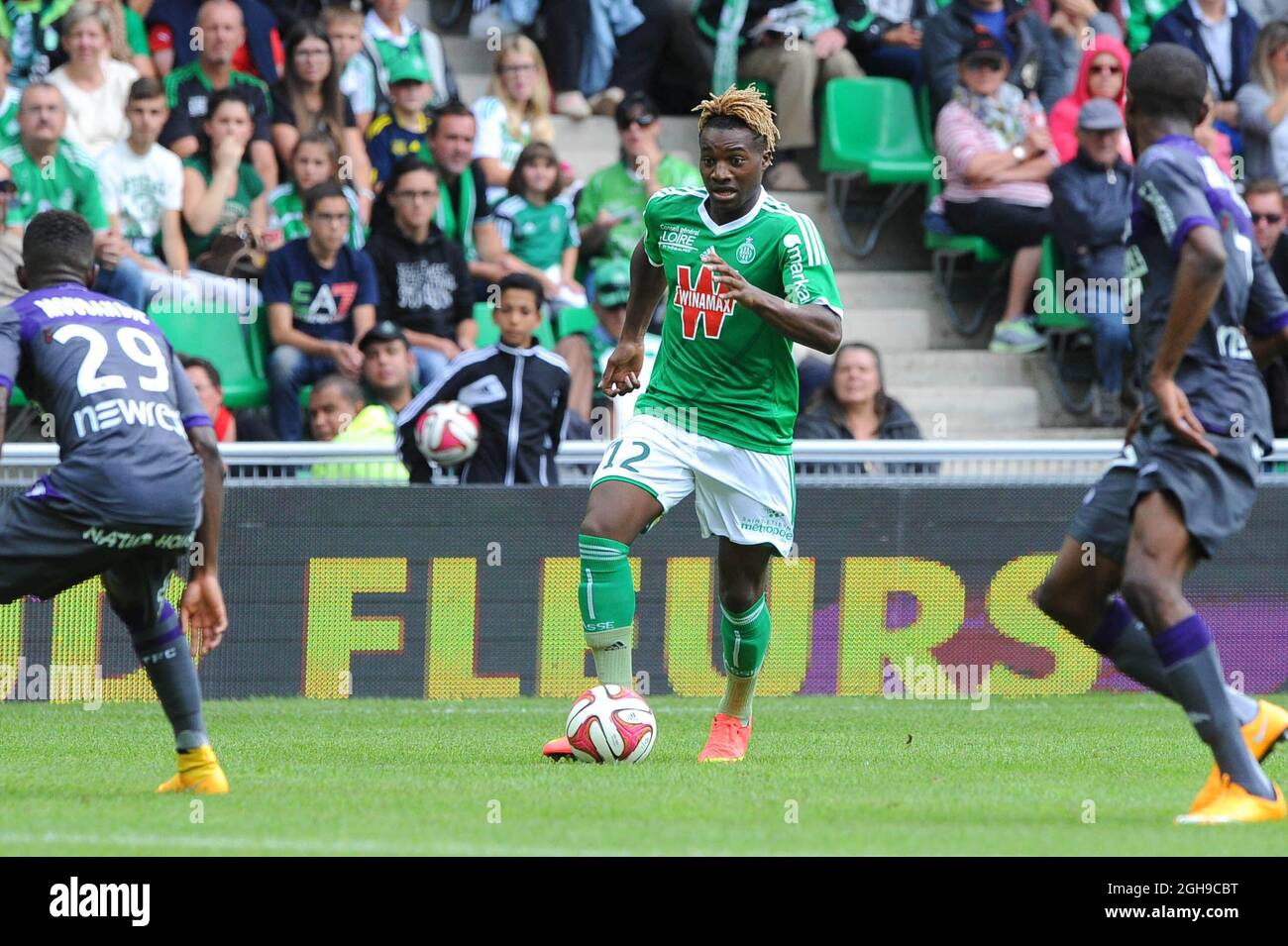 Allan Saint Maximin during the French Ligue 1 match between AS Saint Etienne and Toulouse at the Stade Geoffroy Guichard in France on October 05, 2014. Stock Photo