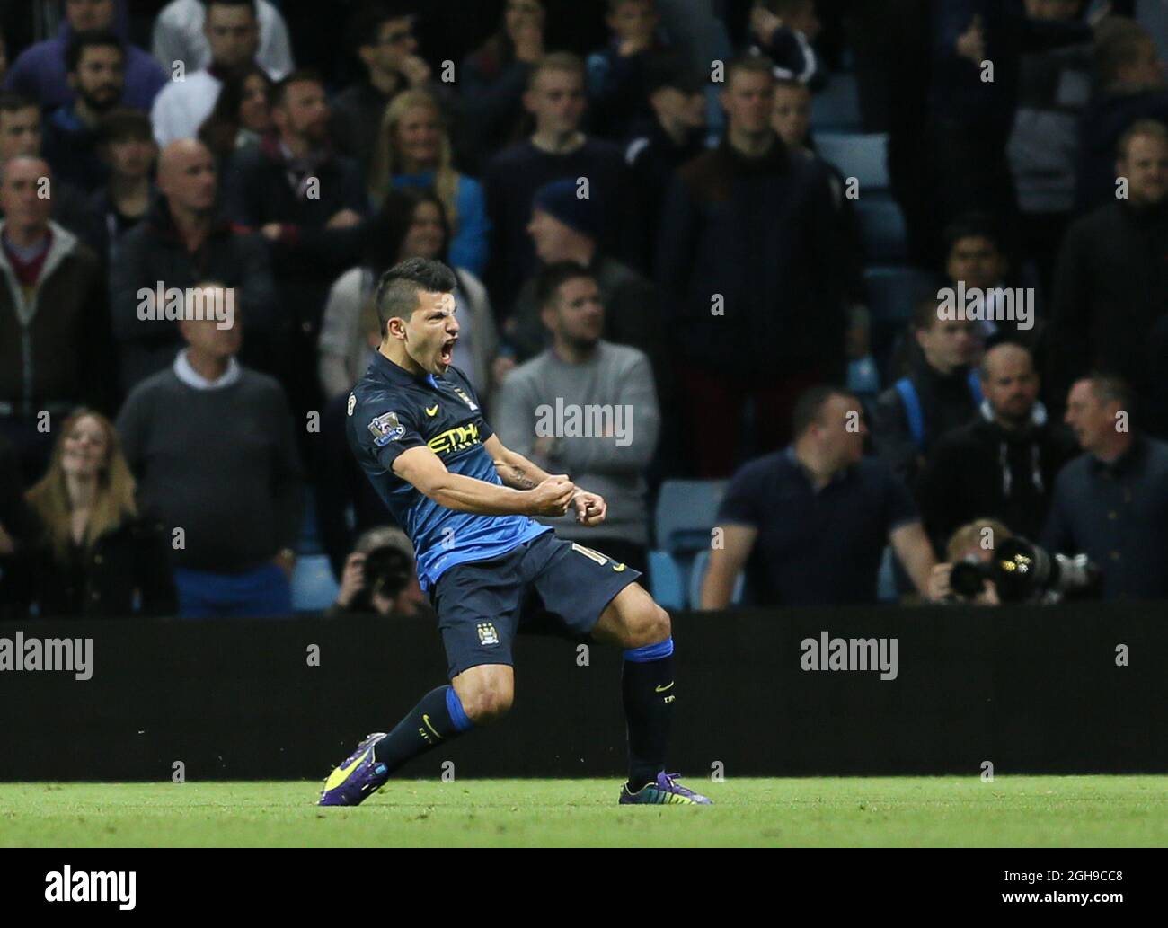 Sergio Aguero of Manchester City celebrates his goal during the Barclays Premier League match between Aston Villa and Manchester City at the Villa Park in England on October 04, 2014. Stock Photo