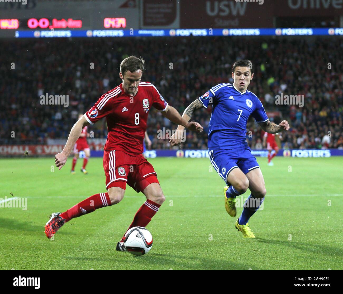 Andy King of Wales in action during Euro 2016 Qualifying between Wales and Bosnia Herzegovina at Cardiff City Stadium, Cardiff on 10th October 2014. Stock Photo