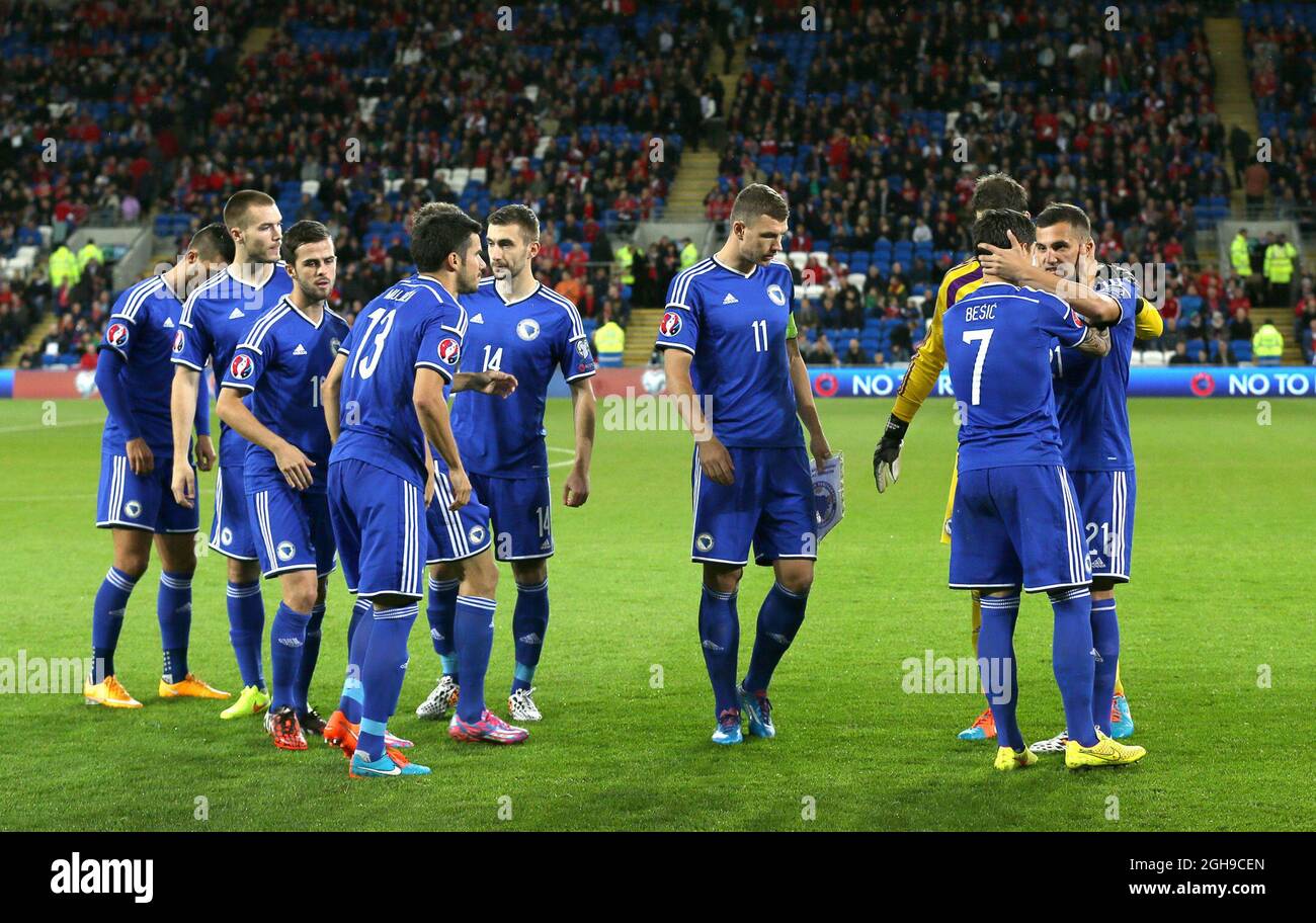 Bosnian players wait for the match to start during Euro 2016 Qualifying between Wales and Bosnia Herzegovina at Cardiff City Stadium, Cardiff on 10th October 2014. Stock Photo
