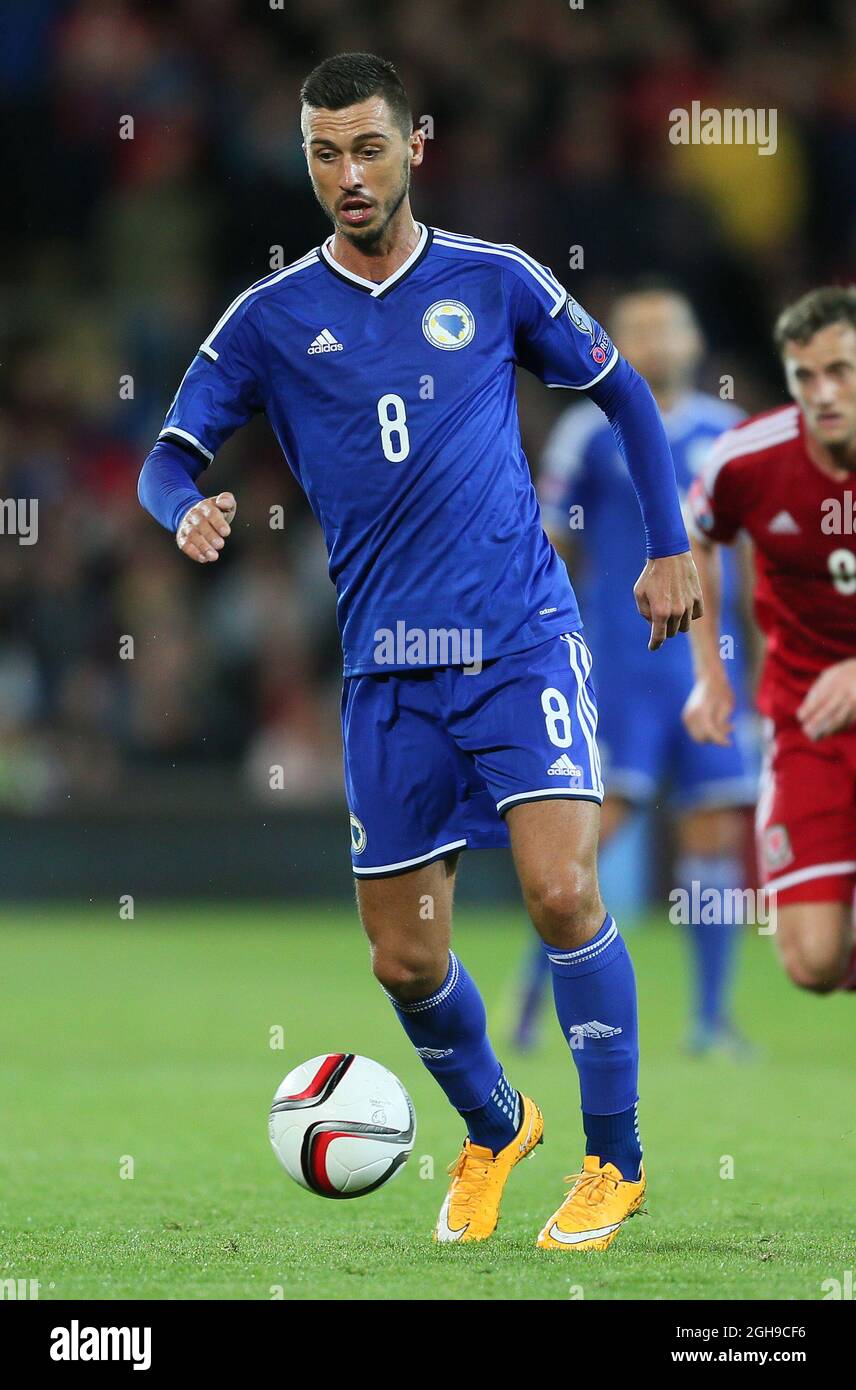 Haris Medunjanin of Bosnia Herzegovina during Euro 2016 Qualifying between Wales and Bosnia Herzegovina at Cardiff City Stadium, Cardiff on 10th October 2014. Stock Photo