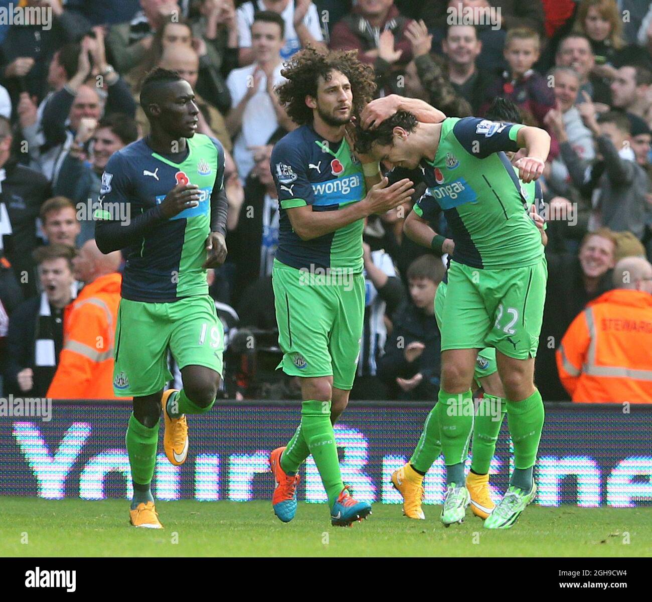 Fabricio Coloccini of Newcastle United celebrates scoring the second goal during the Barclay's Premier League match between WBA and Newcastle Utd at the Hawthorns Stadium in West Bromwich, United Kingdom on November 9, 2014. Stock Photo