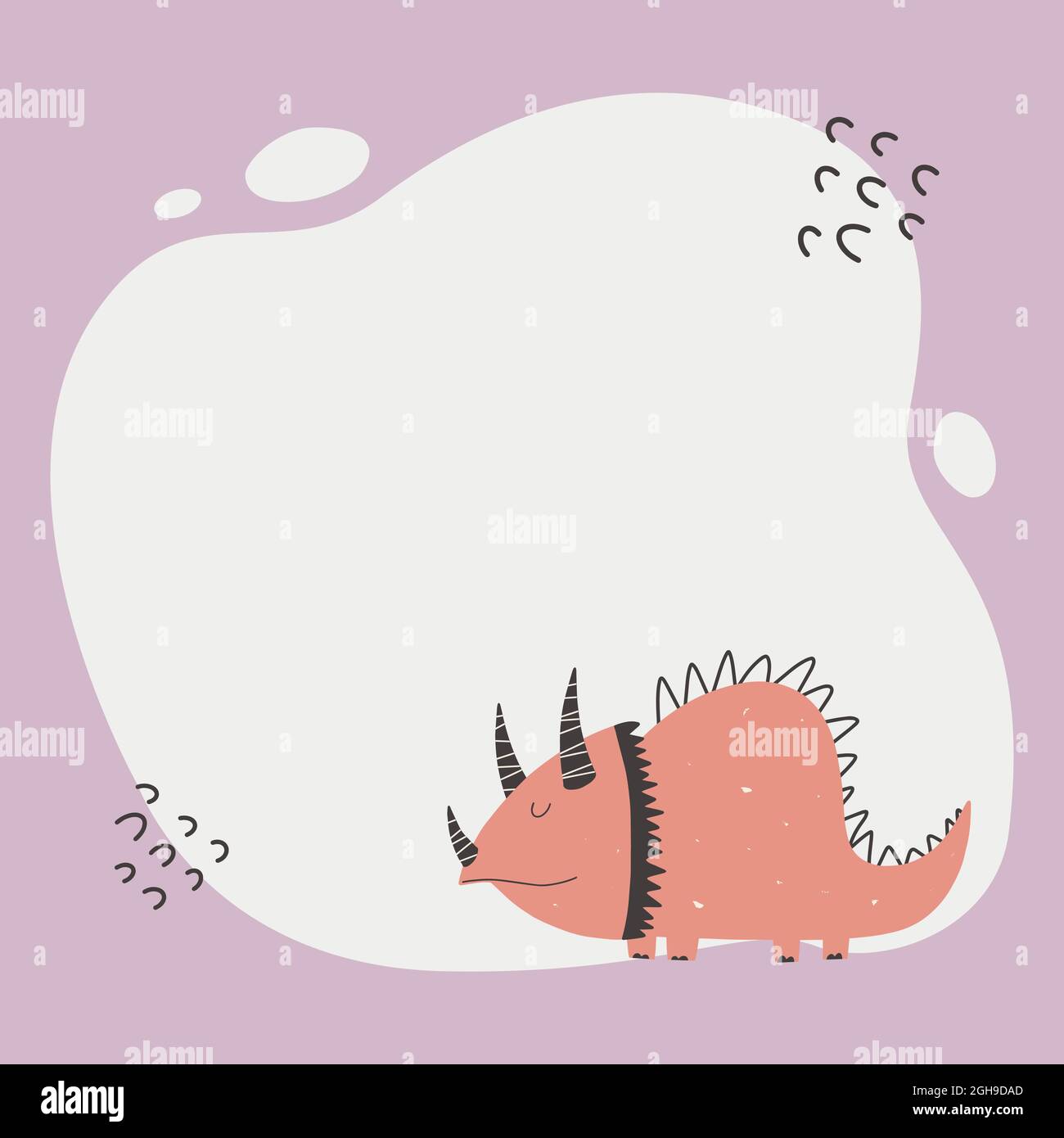 Cute dinosaur with a blot frame in simple cartoon hand-drawn style. Template for your text or photo. Ideal for cards, invitations, party, kindergarten Stock Vector