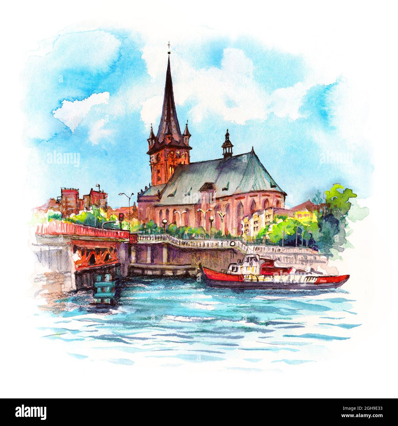 Watercolor sketch of Cathedral in Old Town in Szczecin, Pomerania, Poland Stock Photo