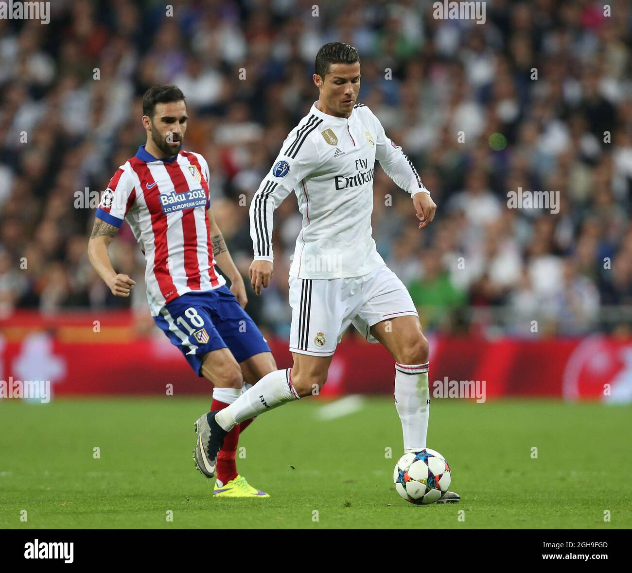 Jesus Gamez of Atletico and Cristiano Ronaldo of Real Madrid inaction  during UEFA Champions League Quarter Final Second Leg match between Real  Madrid and Atletico Madrid at Santiago Bernabeu, Spain on April