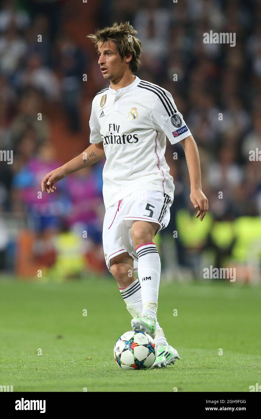 Fabio Coentrao of Real Madrid in action during UEFA Champions League Quarter Final Second Leg match between Real Madrid and Atletico Madrid at Santiago Bernabeu, Spain on April 22, 2015. Stock Photo