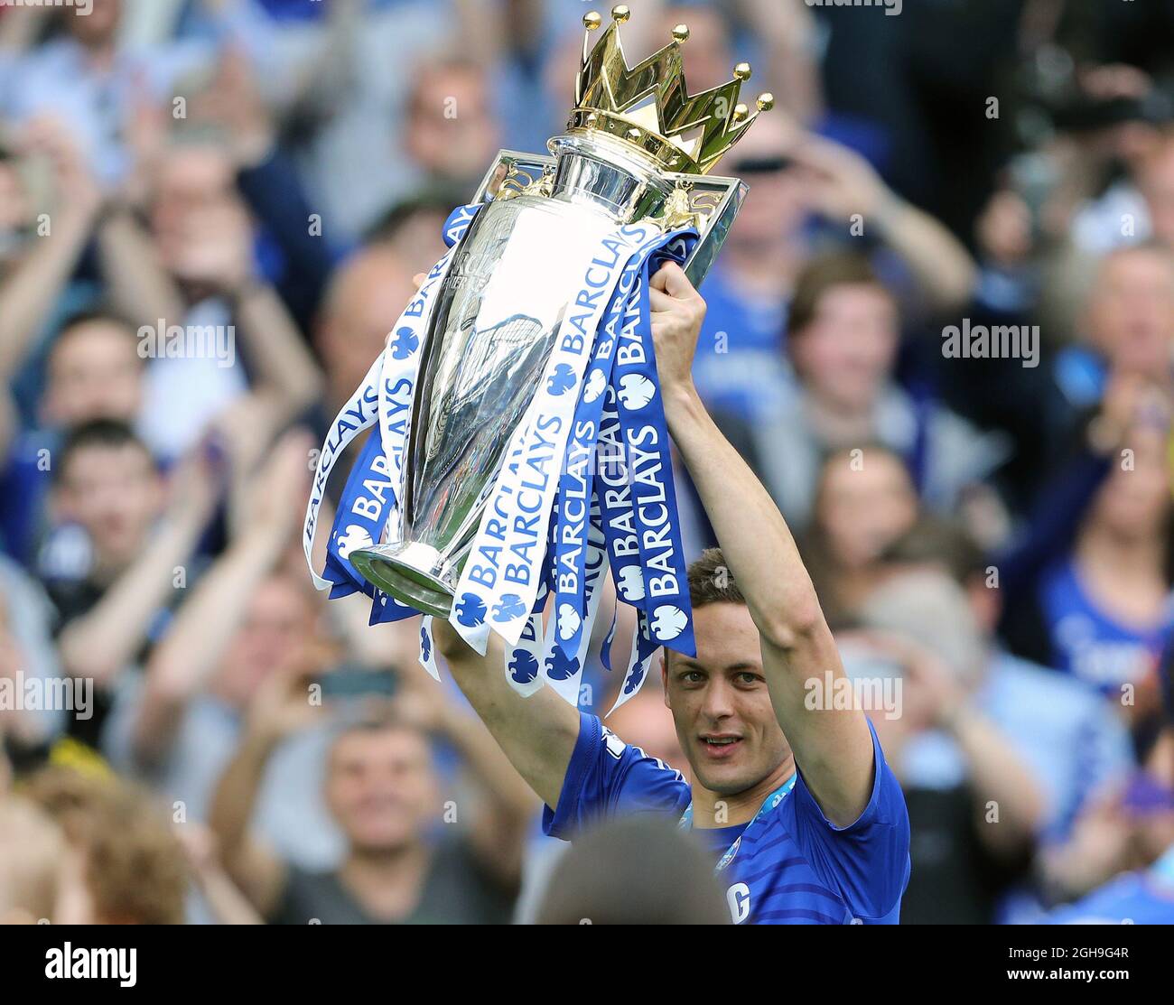 Chelsea's Nemanja Matic celebrates with the trophy during the Barclays Premier League match between Chelsea and Sunderland at the Stamford Bridge, London on May 24, 2015. Picture: David Klein. Stock Photo