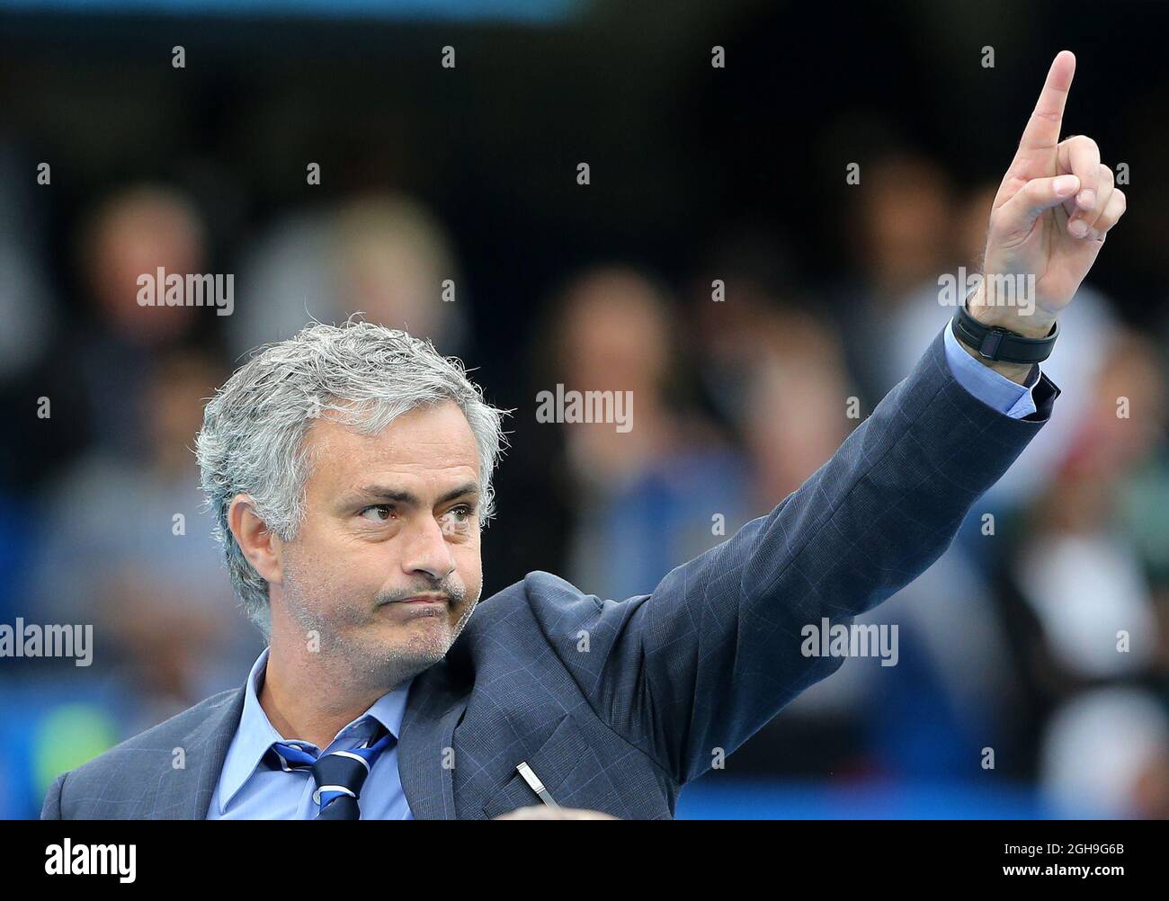 Chelsea’s Jose Mourinho points to Roman Abramovich during the Barclays