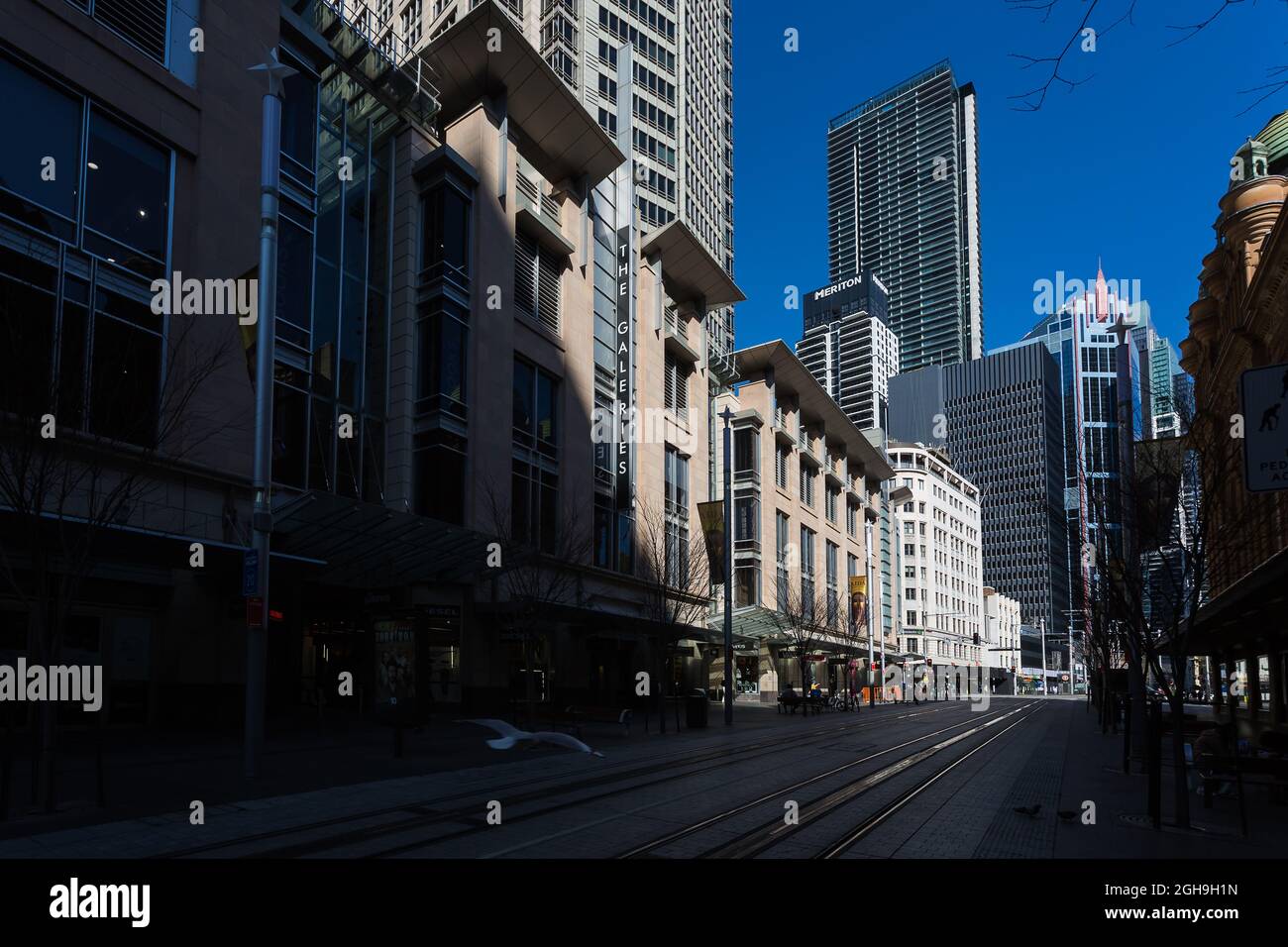 Sydney, Australia. Monday 6th September 2021. The Sydney central business district looking very deserted as the lockdown continues in Sydney due to the Delta strain of COVID-19.George Street, Sydney. Credit: Paul Lovelace/Alamy Live News Stock Photo