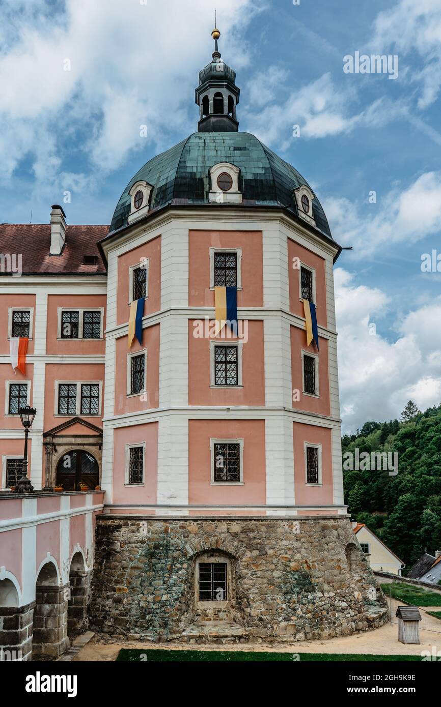 Becov nad Teplou,Czech Republic-August 21,2021.Gothic medieval castle,Renaissance palace,Baroque chateau with Reliquary of St. Maurus. Stock Photo