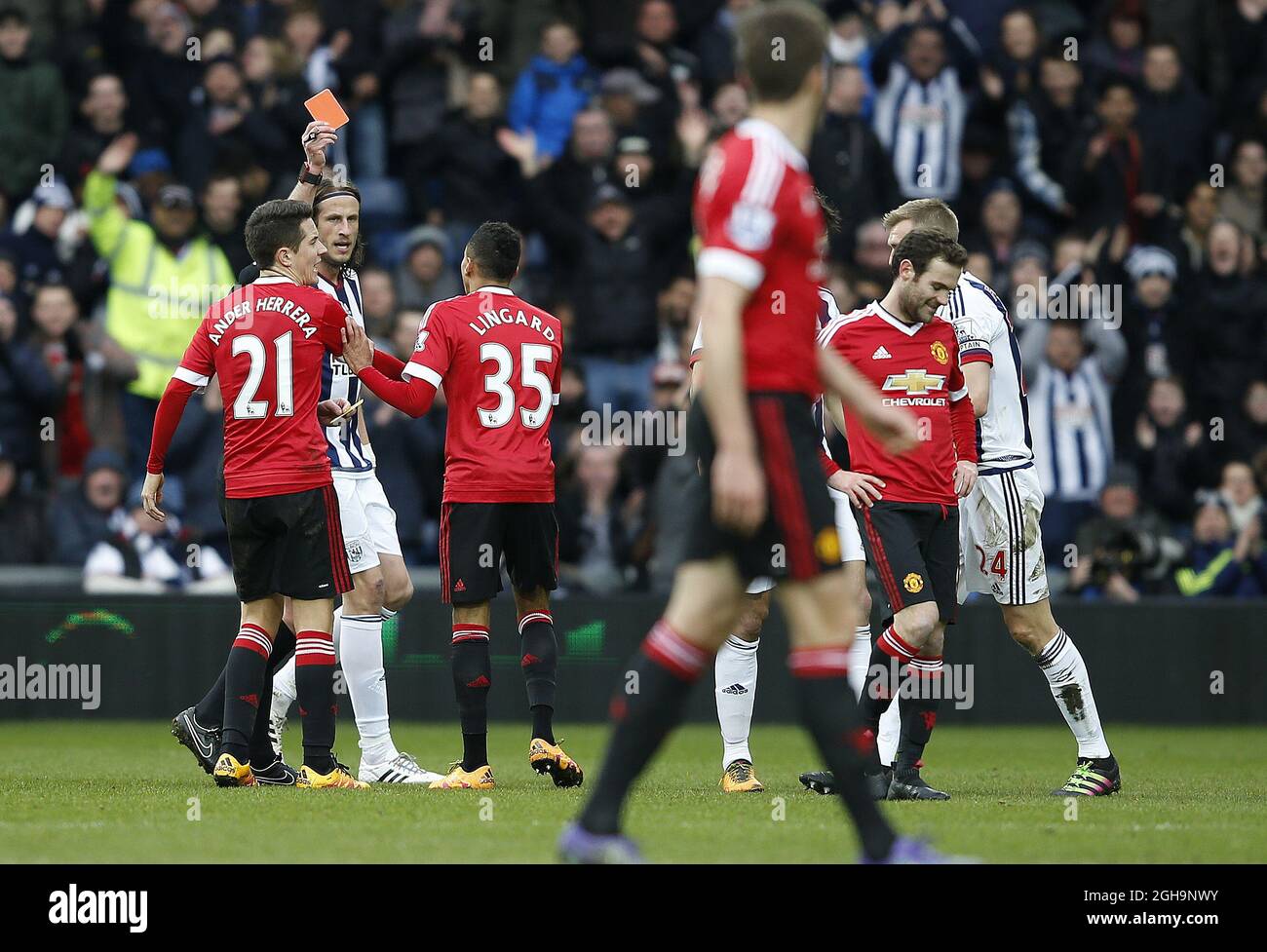Juan Mata of Manchester United receiving a red card during the Barclays Premier League match at The Hawthorns.  Photo credit should read: Simon Bellis/Sportimage via PA Images Stock Photo