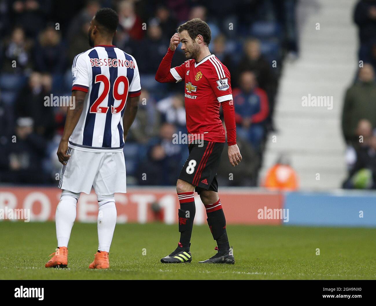 Juan Mata of Manchester United leaves the pitch after receiving a red card during the Barclays Premier League match at The Hawthorns.  Photo credit should read: Simon Bellis/Sportimage via PA Images Stock Photo