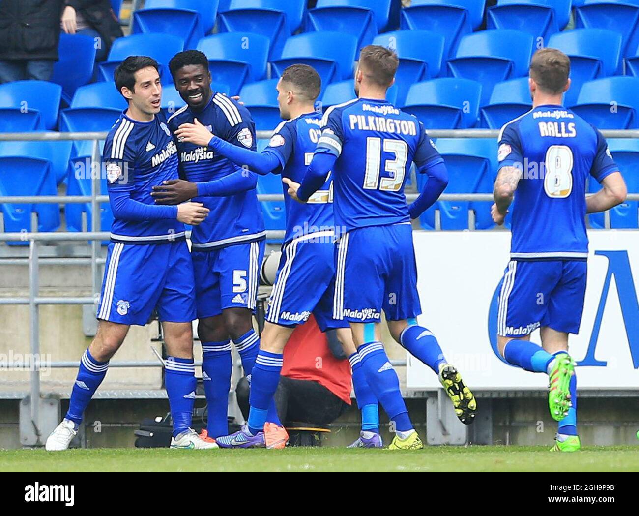 Cardiffâ€™s Bruno Ecuele Manga celebrates scoring his sides opening goal during the Sky Bet Championship League match at The Cardiff City Stadium.  Photo credit should read: David Klein/Sportimage via PA Images Stock Photo