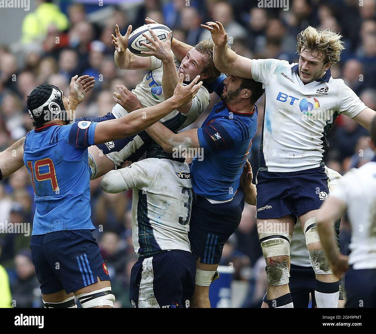 Jonny Gray of Scotland gets in the mix during the 2016 RBS Six Nations match at Murrayfield Stadium, Edinburgh. Photo credit should read: Simon Bellis/Sportimage via PA Images Stock Photo