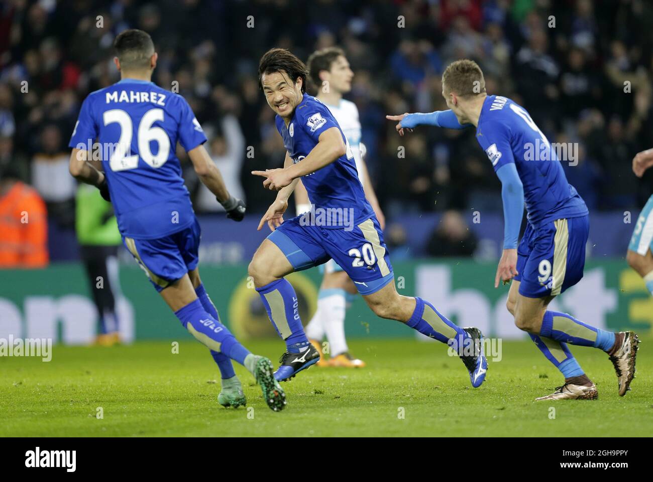 Shinji Okazaki Of Leicester City Celebrates His Goal During The Barclays Premier League Match At The King Power Stadium Photo Credit Should Read Malcolm Couzens Sportimage Via Pa Images Stock Photo Alamy