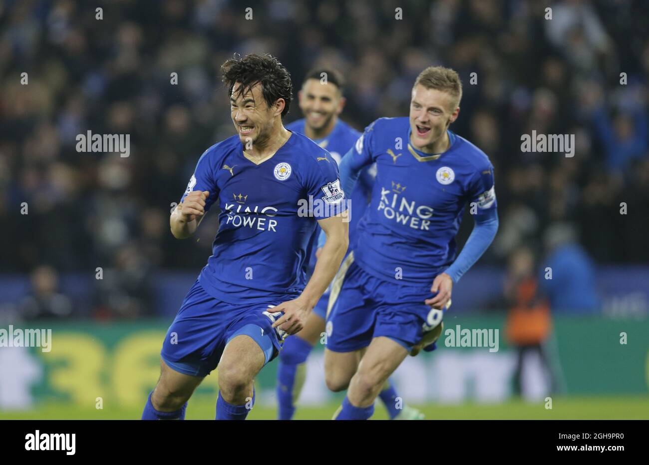 Shinji Okazaki Of Leicester City Celebrates His Goal With Jamie Vardy During The Barclays Premier League