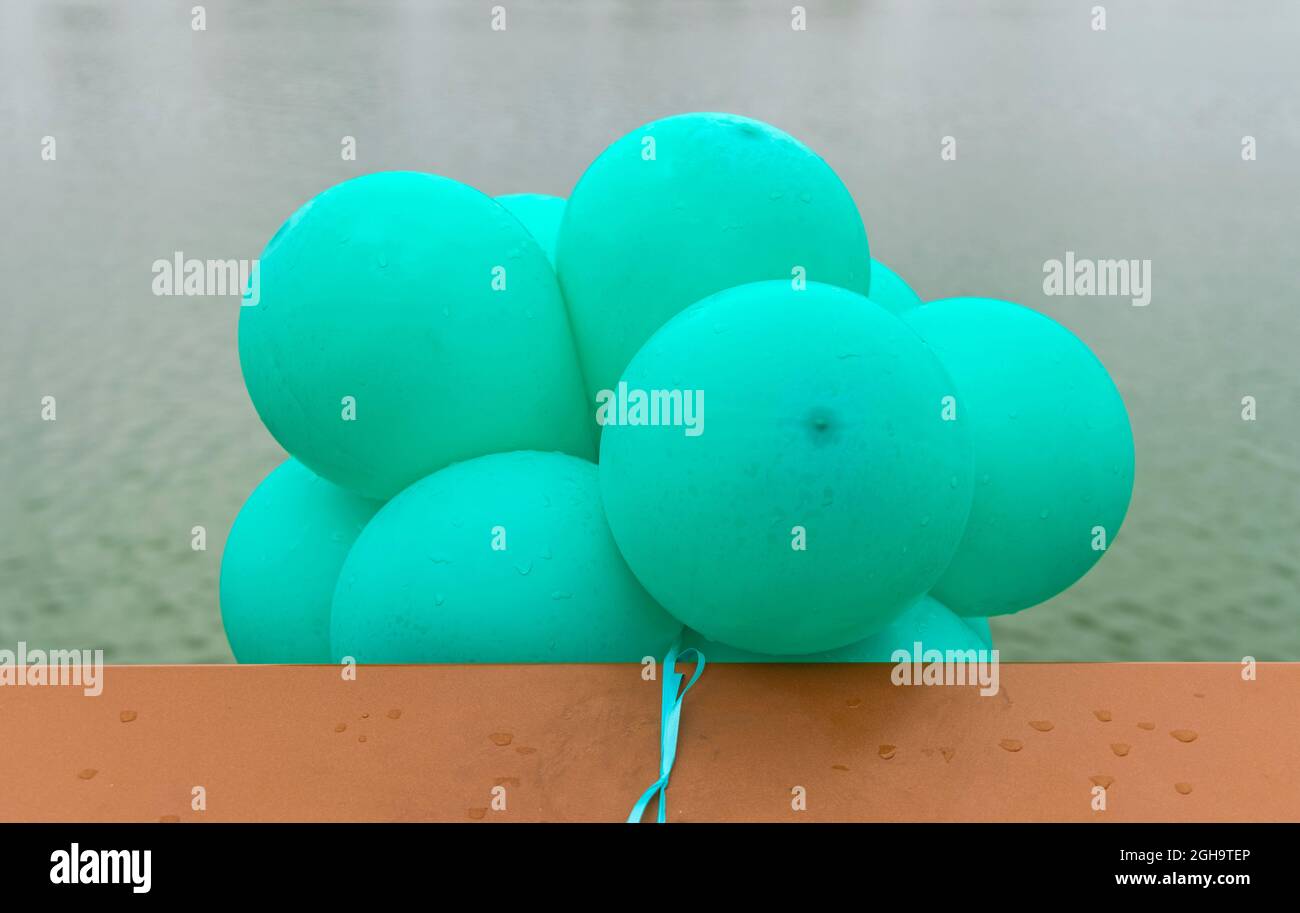 Green Party Latex Balloons Cluster at Fence Decor Stock Photo - Alamy