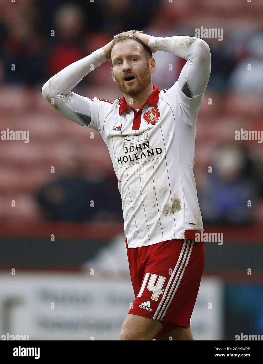 Matt Done of Sheffield Utd reacts following his miss during the Sky Bet League One match at The Bramall Lane Stadium.  Photo credit should read: Simon Bellis/Sportimage via PA Images Stock Photo