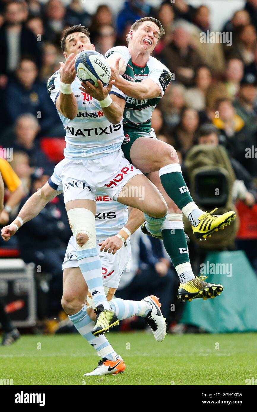 LeicesterÕs Freddie Burns and Racing 92Õs Dan Carter during the 2016 semi-final of the European Rugby Champions Cup match at the City Ground, Nottingham. Photo credit should read: Charlie Forgham-Bailey/Sportimage via PA Images Stock Photo