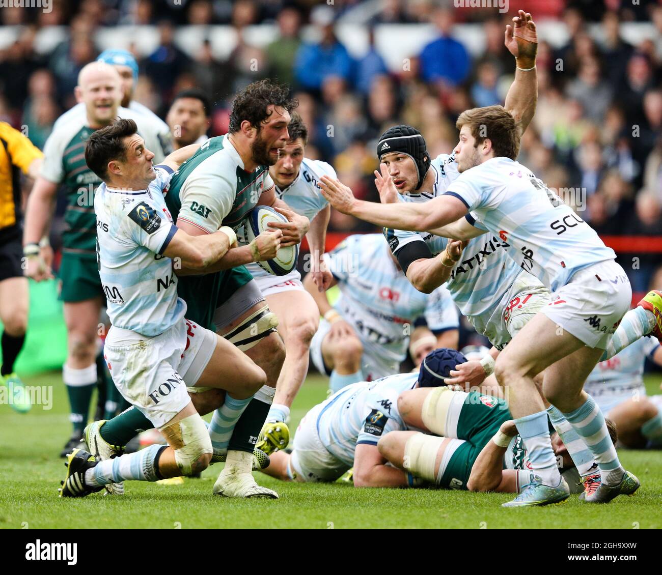 Leicesterâ€™s Dom Barrow brought down by Racing 92â€™s Dan Carter during the 2016 semi-final of the European Rugby Champions Cup match at the City Ground, Nottingham. Photo credit should read: Charlie Forgham-Bailey/Sportimage via PA Images Stock Photo