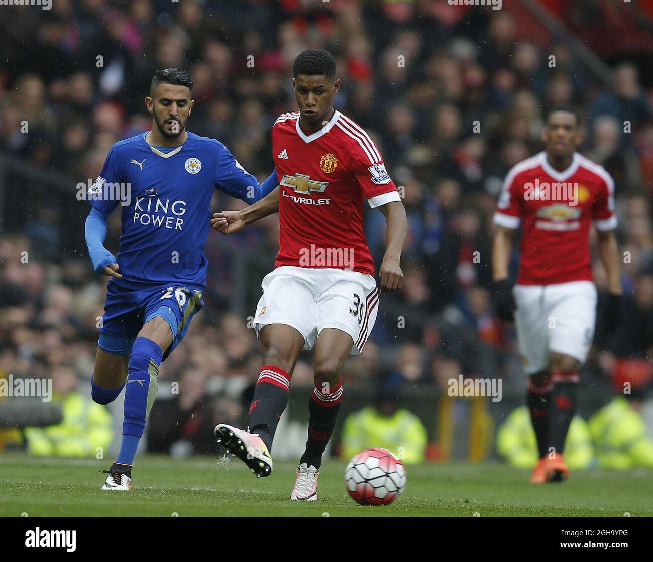 Marcus Rashford of Manchester United tussles with Riyad Mahrez of Leicester City during the Barclays Premier League match at the Old Trafford Stadium. Photo credit should read: Simon Bellis/Sportimage via PA Images                                - Newcastle Utd vs Tottenham - St James' Park Stadium - Newcastle Upon Tyne - England - 19th April 2015 - Picture Phil Oldham/Sportimage Stock Photo
