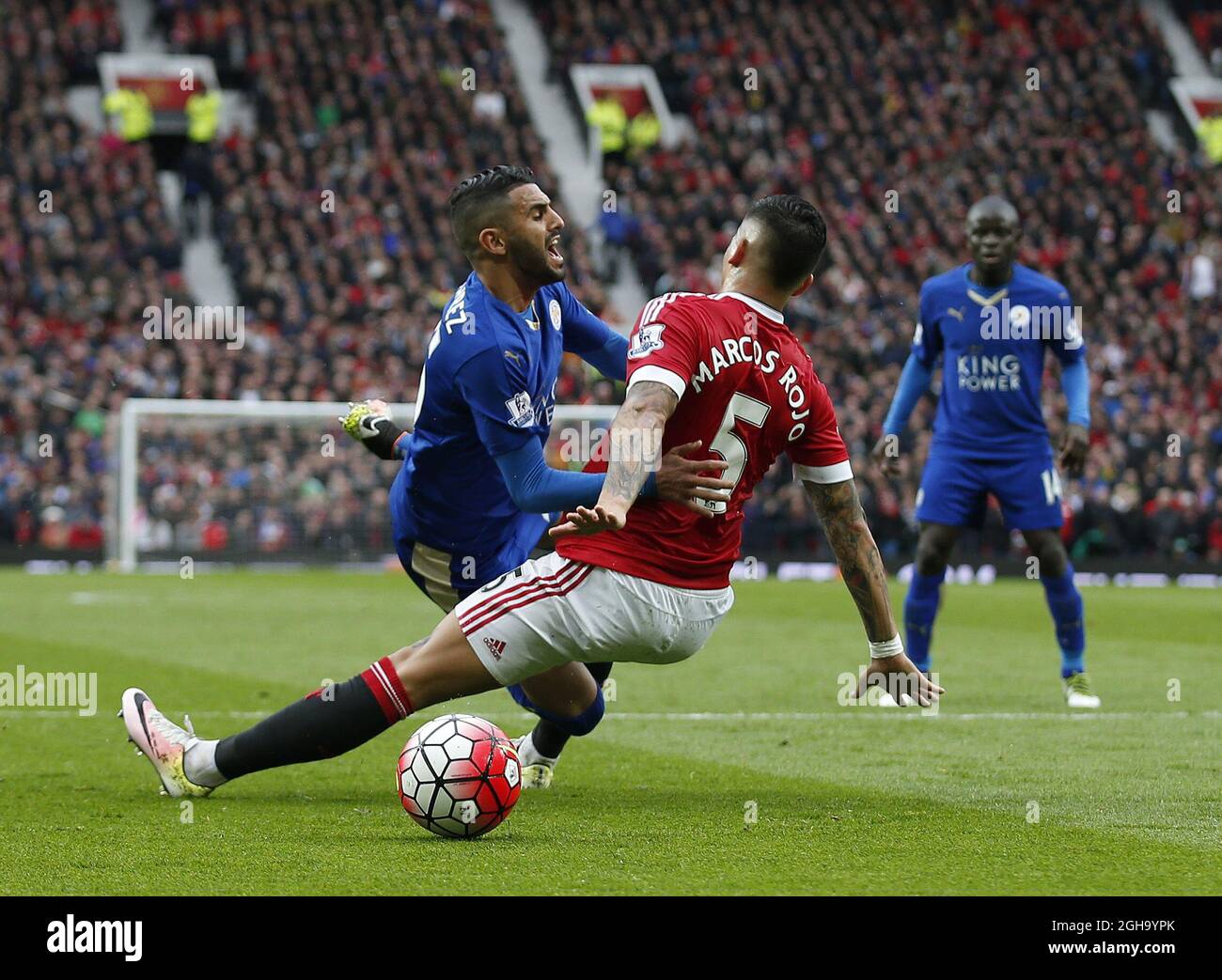 Riyad Mahrez of Leicester City brought down by Marcos Rojo of Manchester United during the Barclays Premier League match at the Old Trafford Stadium. Photo credit should read: Simon Bellis/Sportimage via PA Images                                - Newcastle Utd vs Tottenham - St James' Park Stadium - Newcastle Upon Tyne - England - 19th April 2015 - Picture Phil Oldham/Sportimage Stock Photo