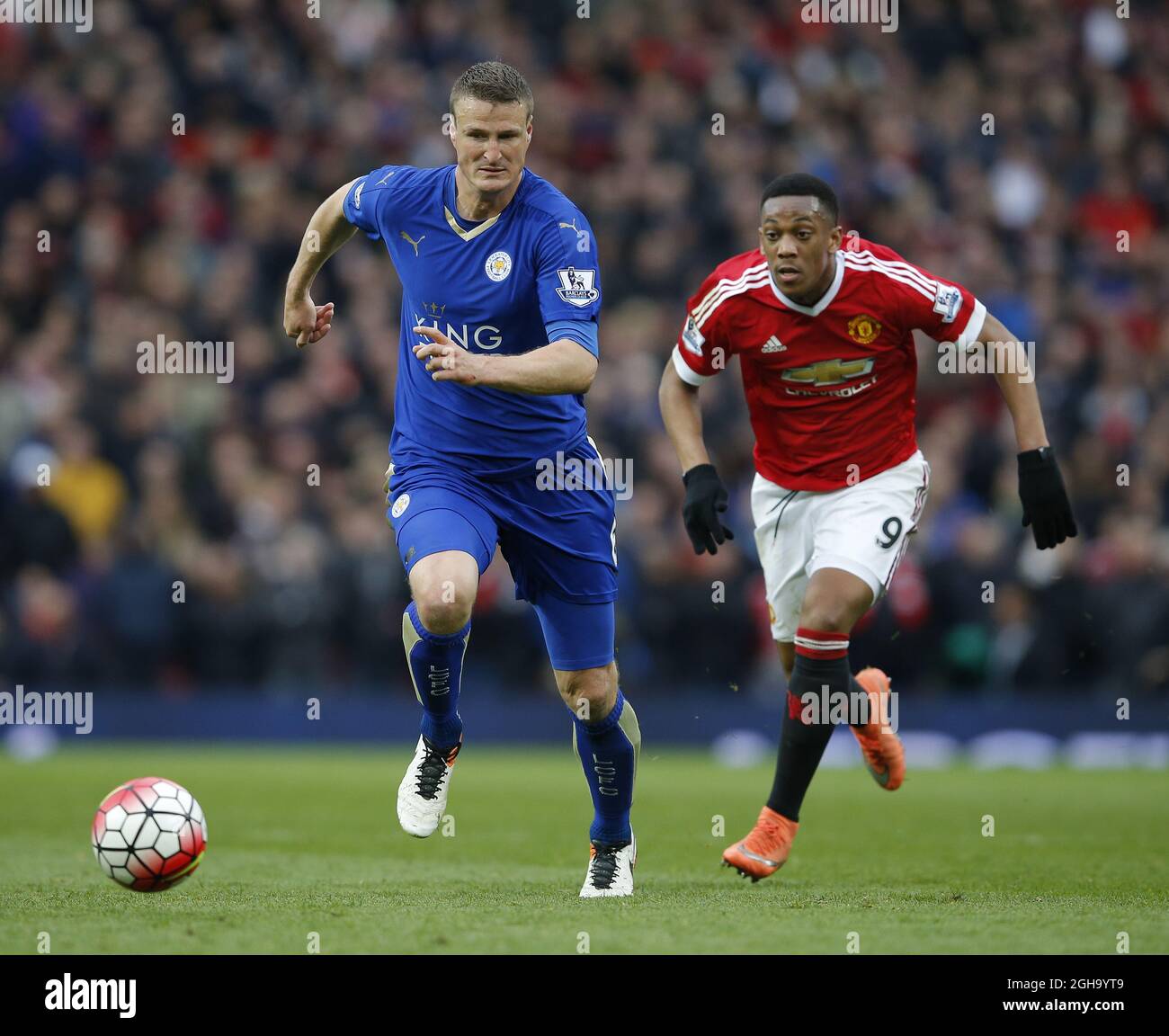 Robert Huth of Leicester City with Anthony Martial of Manchester United during the Barclays Premier League match at the Old Trafford Stadium. Photo credit should read: Simon Bellis/Sportimage via PA Images                                - Newcastle Utd vs Tottenham - St James' Park Stadium - Newcastle Upon Tyne - England - 19th April 2015 - Picture Phil Oldham/Sportimage Stock Photo