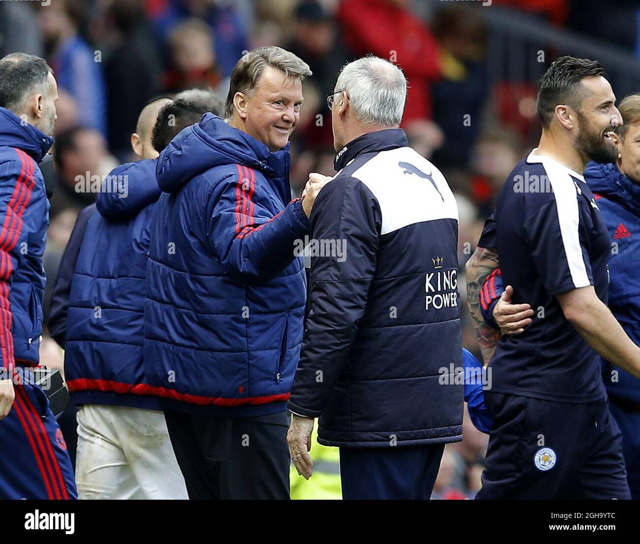 Louis van Gaal manager of Manchester United smiles as he shakes hands with Claudio Ranieri manager of Leicester City during the Barclays Premier League match at the Old Trafford Stadium. Photo credit should read: Simon Bellis/Sportimage via PA Images                                - Newcastle Utd vs Tottenham - St James' Park Stadium - Newcastle Upon Tyne - England - 19th April 2015 - Picture Phil Oldham/Sportimage Stock Photo
