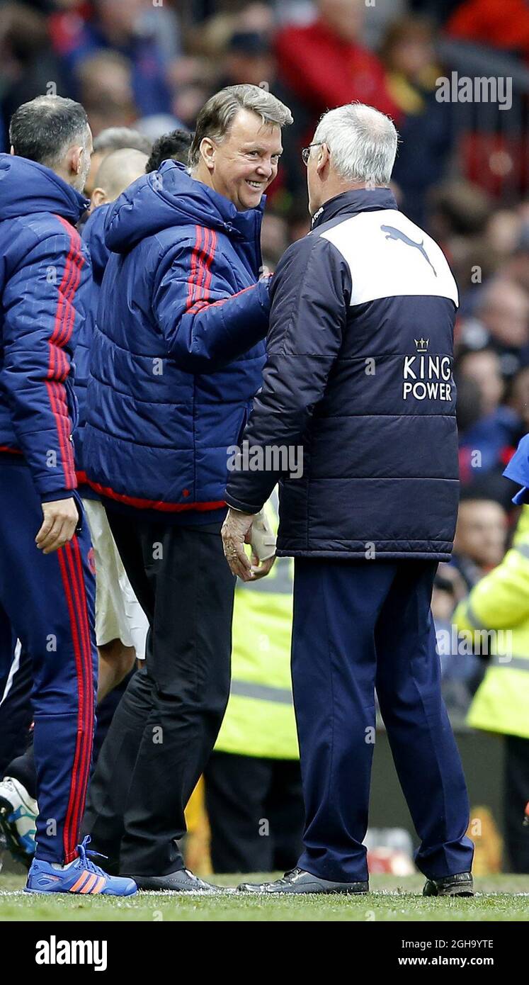 Louis van Gaal manager of Manchester United smiles as he shakes hands with Claudio Ranieri manager of Leicester City during the Barclays Premier League match at the Old Trafford Stadium. Photo credit should read: Simon Bellis/Sportimage via PA Images                                - Newcastle Utd vs Tottenham - St James' Park Stadium - Newcastle Upon Tyne - England - 19th April 2015 - Picture Phil Oldham/Sportimage Stock Photo