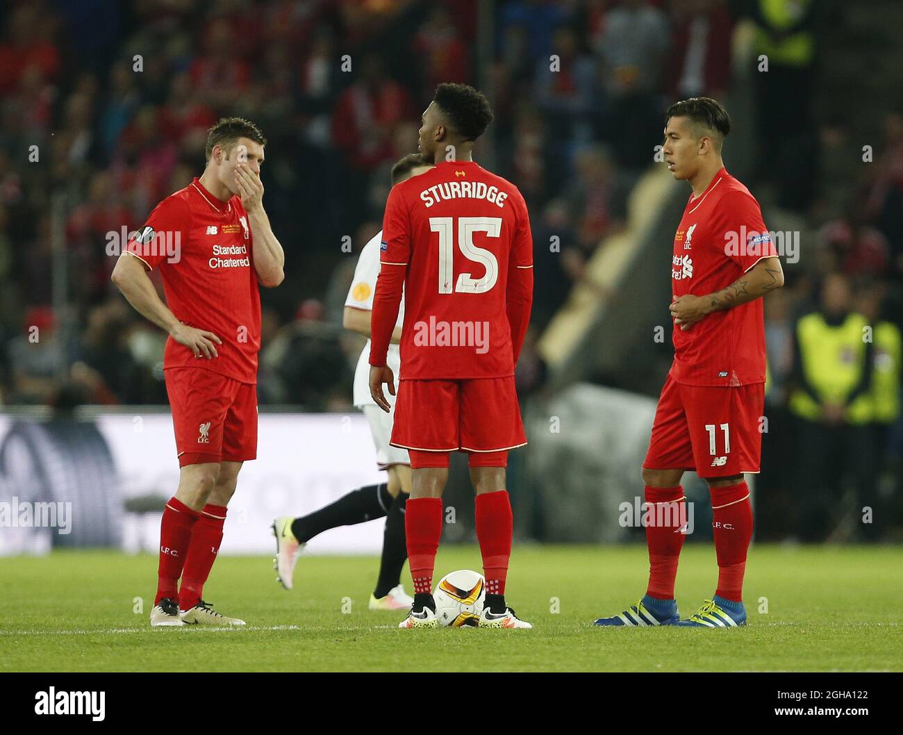 Liverpool players shell shocked following the Sevilla equaliser during the UEFA Europa League Final match at the St. Jakob-Park Stadium, Basel, Switzerland. Photo credit should read: Phil Oldham/Sportimage via PA Images Stock Photo