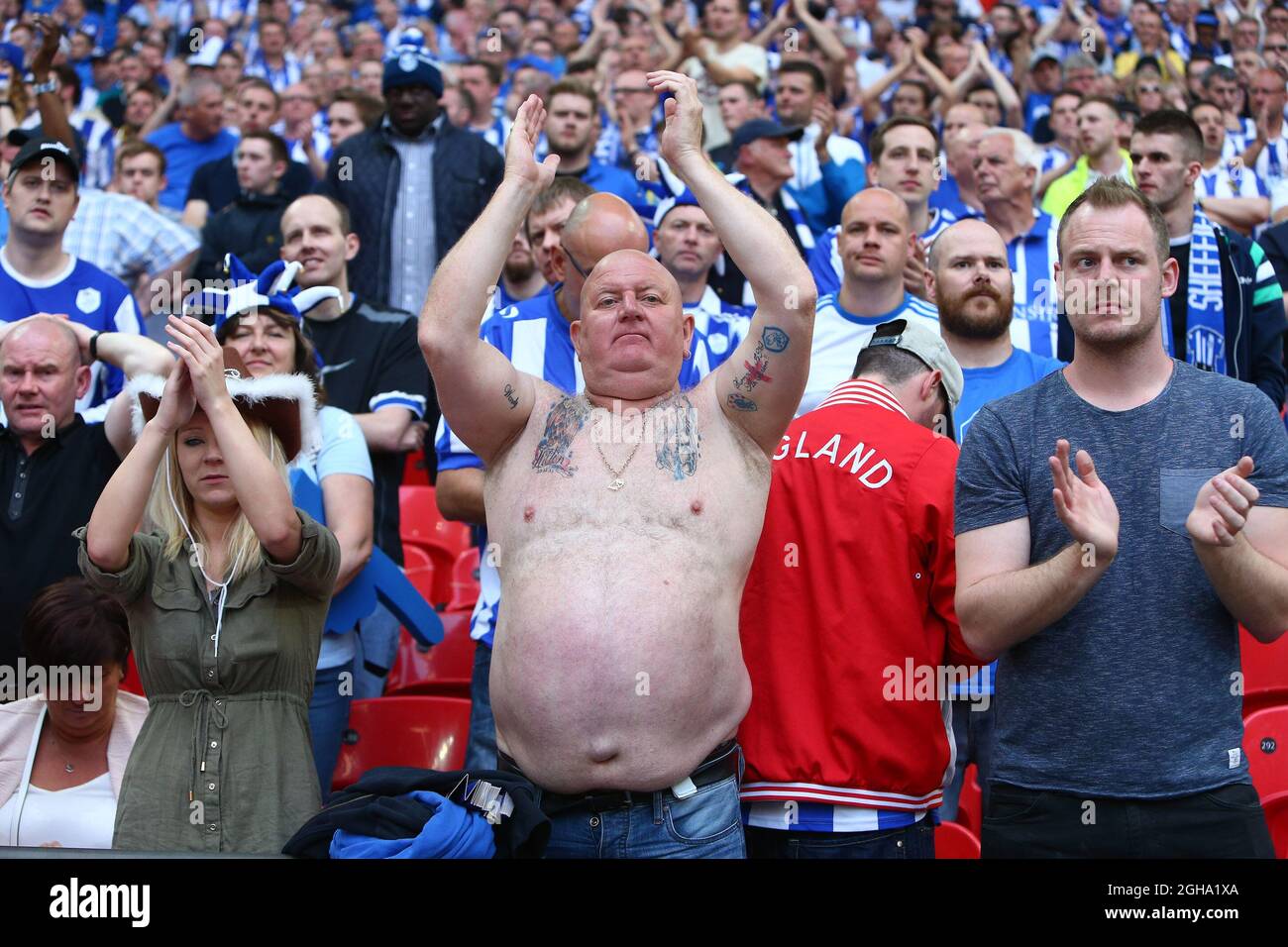 Wednesday fan Paul 'Tango Man' Gregory applauds his side following defeat during the Skybet Championship Play Off Final match at Wembley Stadium. Photo credit should read: Philip Oldham/Sportimage via PA Images Stock Photo
