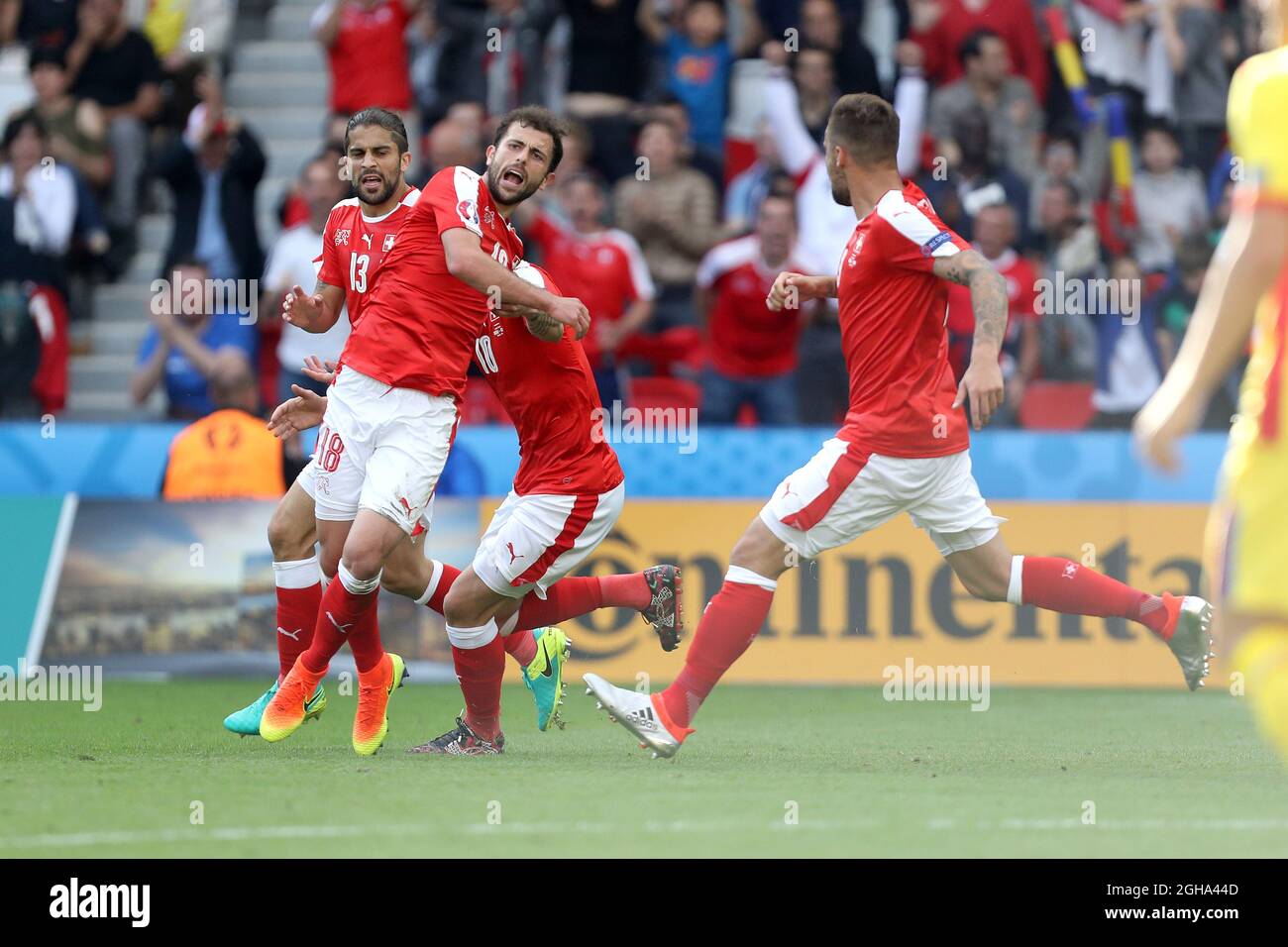 Admir Mehmedi of Switzerland celebrates scoring his sides first goal during the UEFA European Championship 2016 match at the Parc des Princes, Paris. Picture date June 15th, 2016 Pic Phil Oldham/Sportimage via PA Images Stock Photo