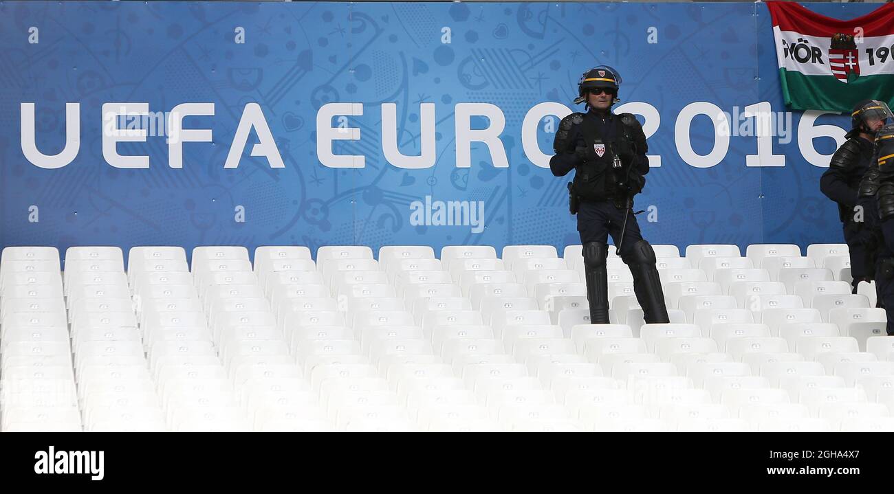 A riot police officer stands watching from a closed section of stand during the UEFA European Championship 2016 match at the Stade Velodrome, Marseille. Picture date June 18th, 2016 Pic Phil Oldham/Sportimage via PA Images Stock Photo