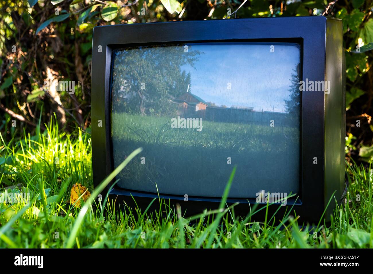 Old Analog Television Set on the Grass outdoor Stock Photo Alamy