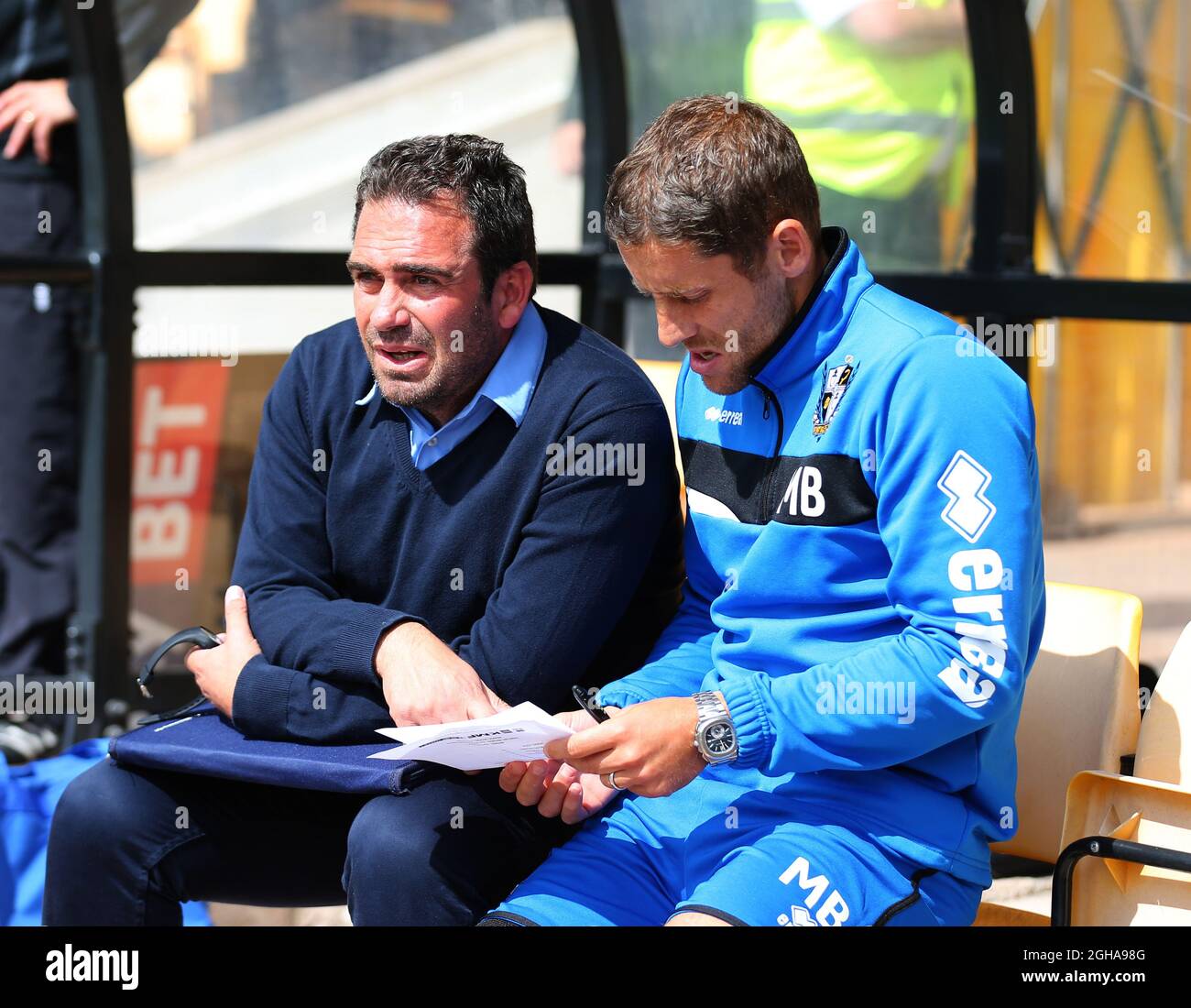 Bruno Ribeiro manger of Port Vale and assistant Michael Brown during the pre season friendly at Vale Park Stadium, Stoke on Trent. Picture date: July 30th, 2016. Pic Simon Bellis/Sportimage via PA Images Stock Photo
