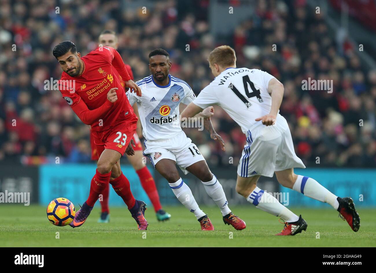 Emre Can of Liverpool gets past Jermain Defoe of Sunderland during the ...