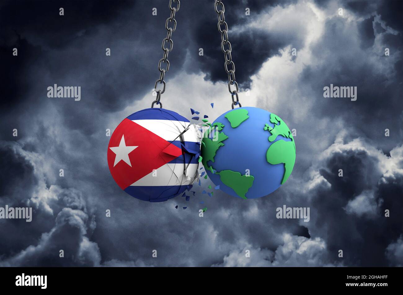 Cuba flag ball smashing into planet earth. Global impact and disaster concept. 3D Render Stock Photo