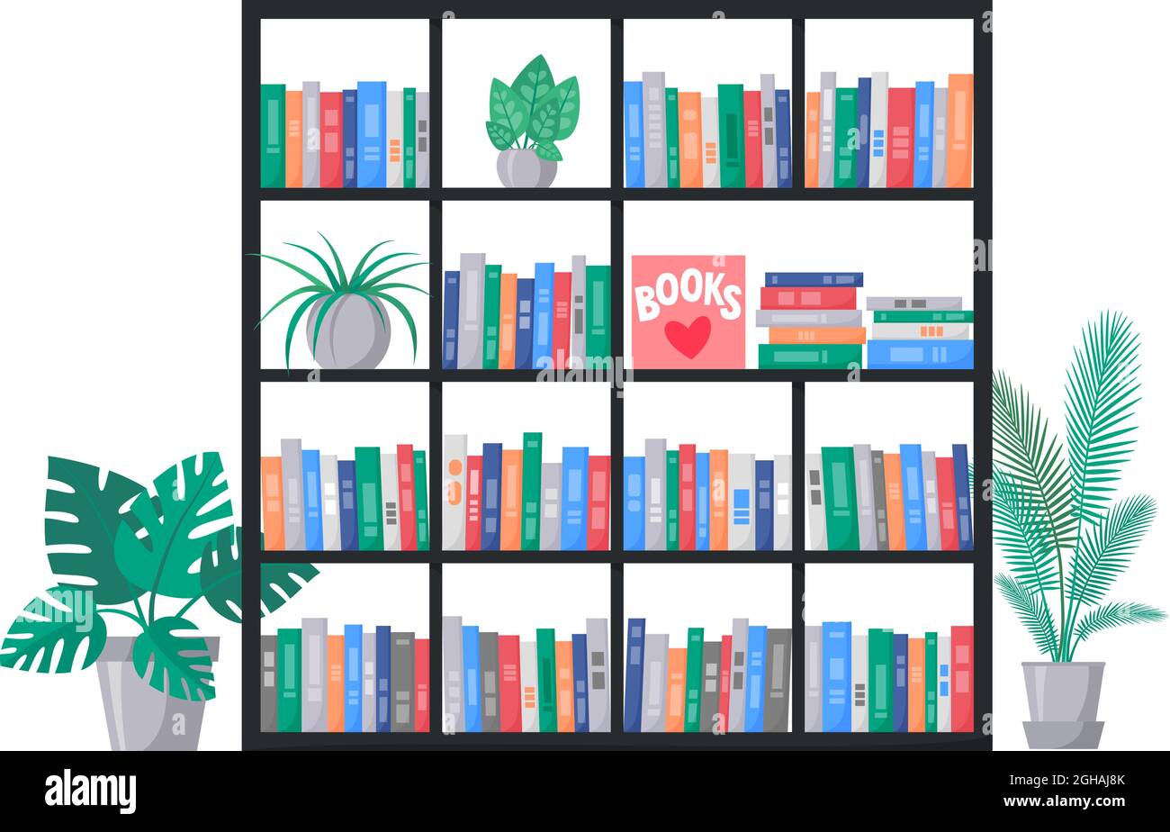 Bookcase with book collection on shelves. Stacks of colourful books. Interior with home plants. Vector  Stock Vector