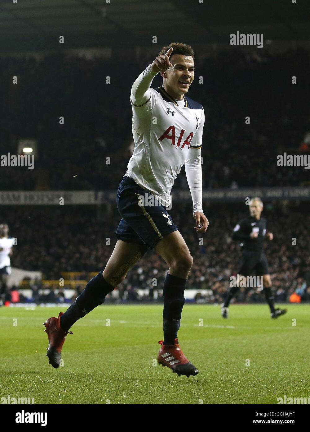 Dele Alli of Tottenham celebrates scoring the first goal during the