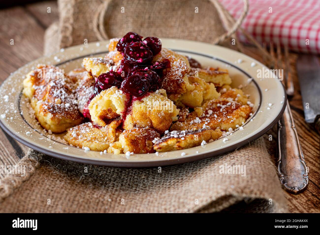 Kaiserschmarrn - austrian pancake with russian sour cherry jam Stock Photo