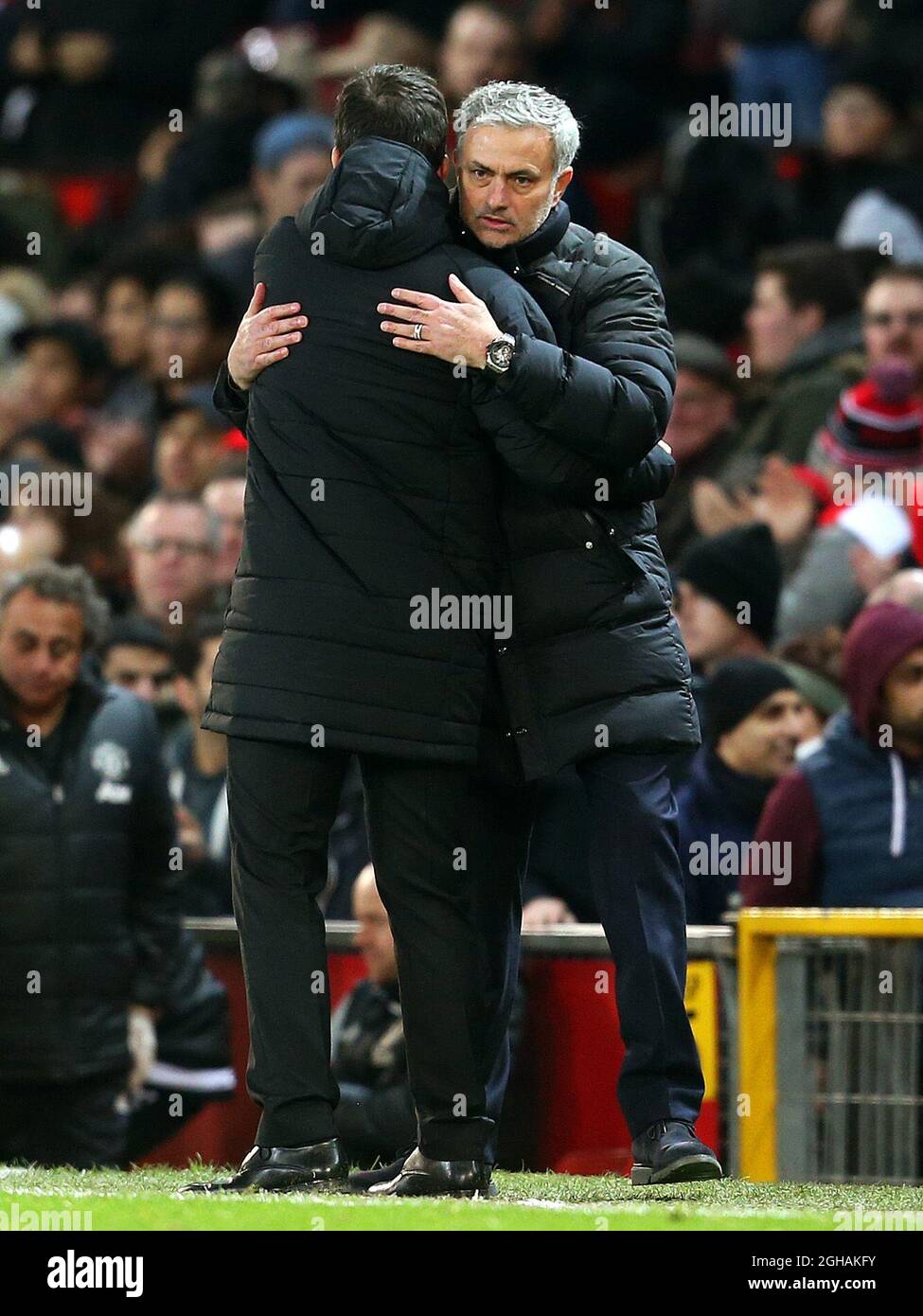 Manchester United manager Jose Mourinho hugs Hull City manager Marco Silva at full time during the EFL Cup semi final 1st Leg match at Old Trafford Stadium, Manchester. Picture date: January 10th, 2017. Pic credit should read: Matt McNulty/Sportimage via PA Images Stock Photo