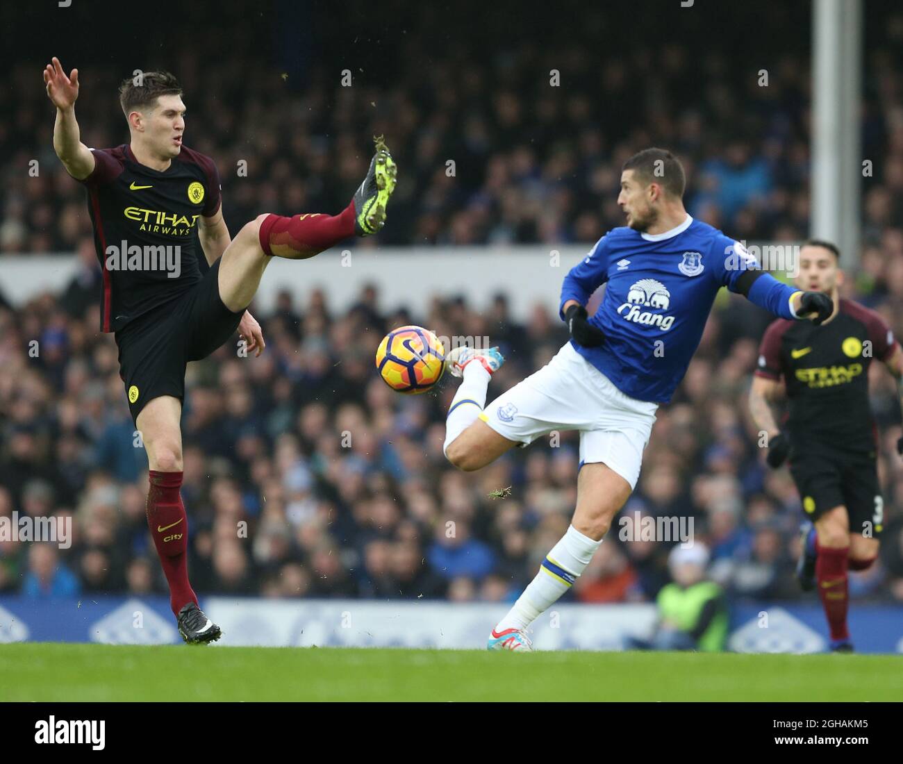 John Stones of Manchester City gets caught out by Kevin Mirallas of Everton during the English Premier League match at Goodison Park Stadium, Liverpool Picture date: January 15th, 2017. Pic Simon Bellis/Sportimage via PA Images Stock Photo