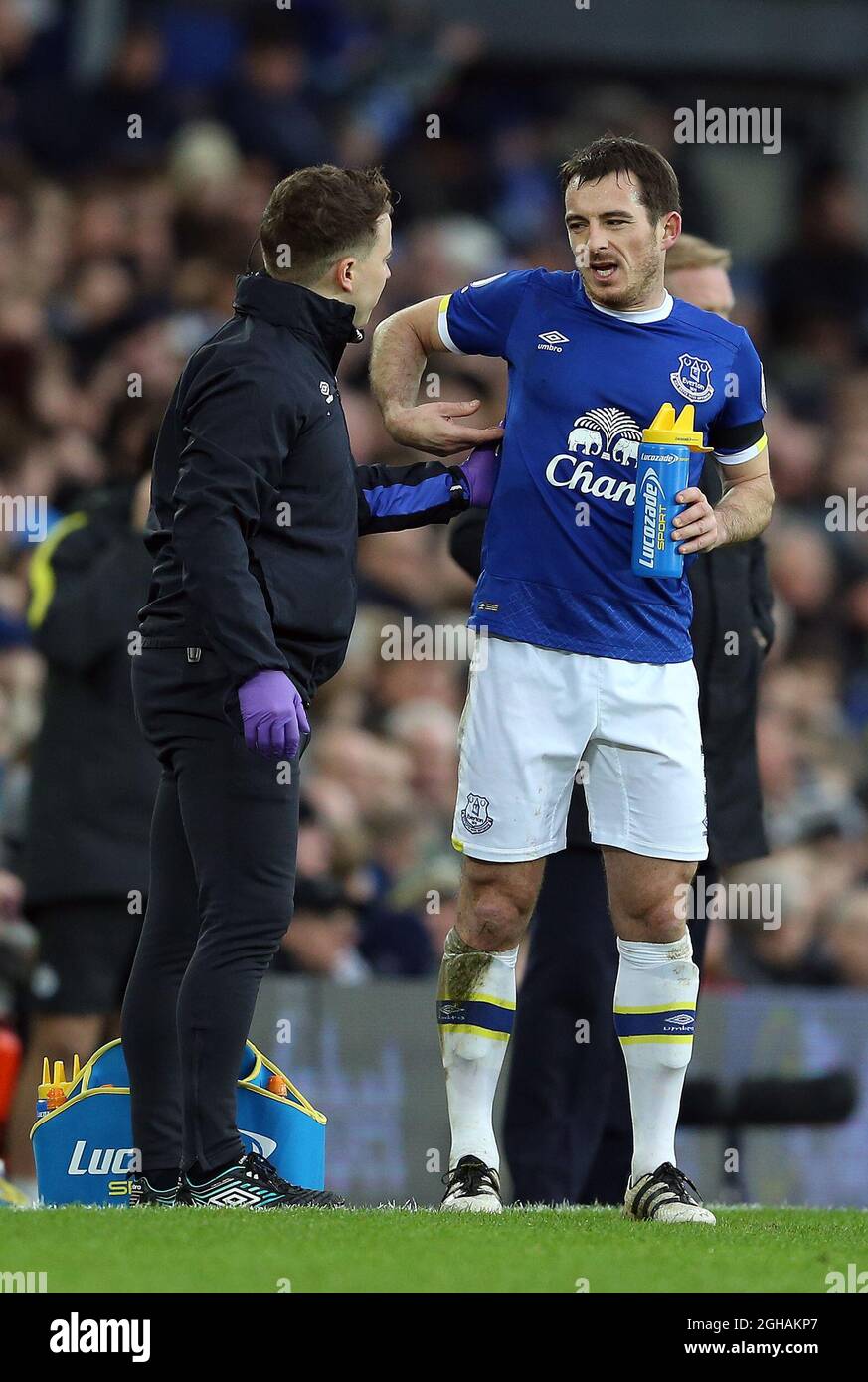 Leighton Baines of Everton complains about a back injury of during the ...