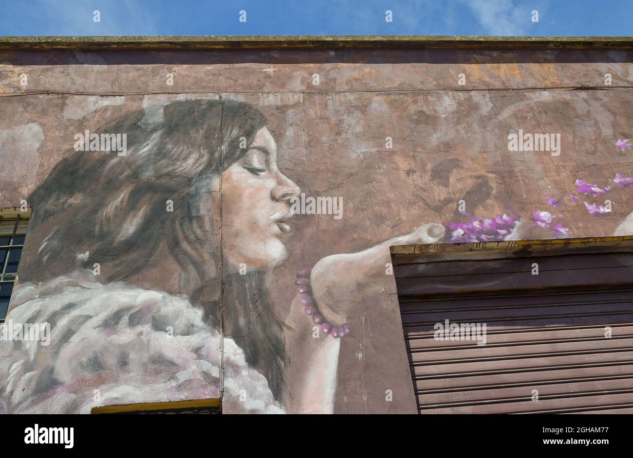 Detail of the mural 'Wisteria flowers' by the street artist Ligama on the wall of an old building in the New Venice district, Livorno, Tuscany, Italy Stock Photo