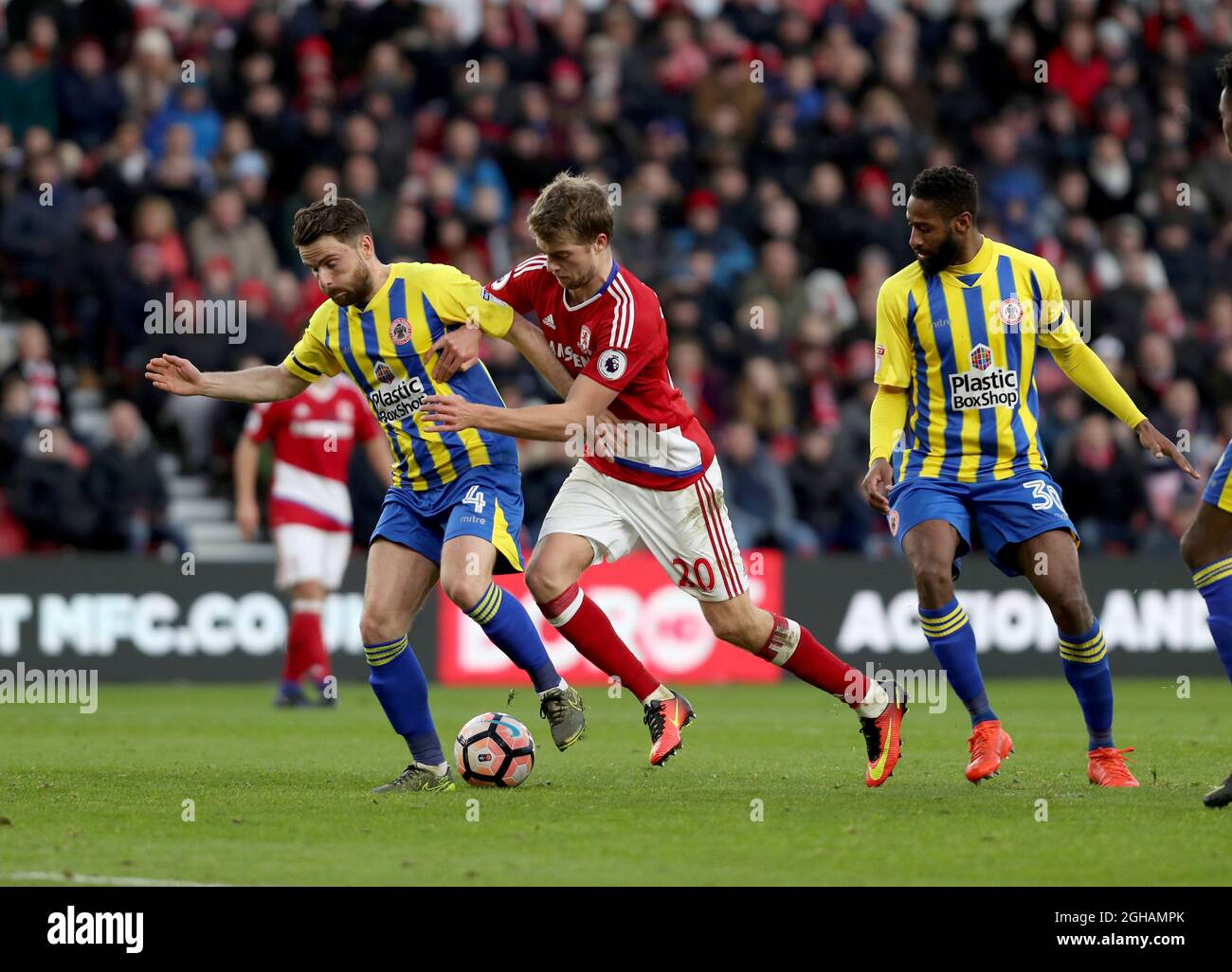 Patrick Bamford of Middlesbrough tulles with Arron Davies of Accrington Stanley in the box during the FA Cup Fourth round match at Riverside Stadium, Middlesbrough. Picture date: January 28th, 2017. Pic Jamie Tyerman/Sportimage  via PA Images  Stock Photo