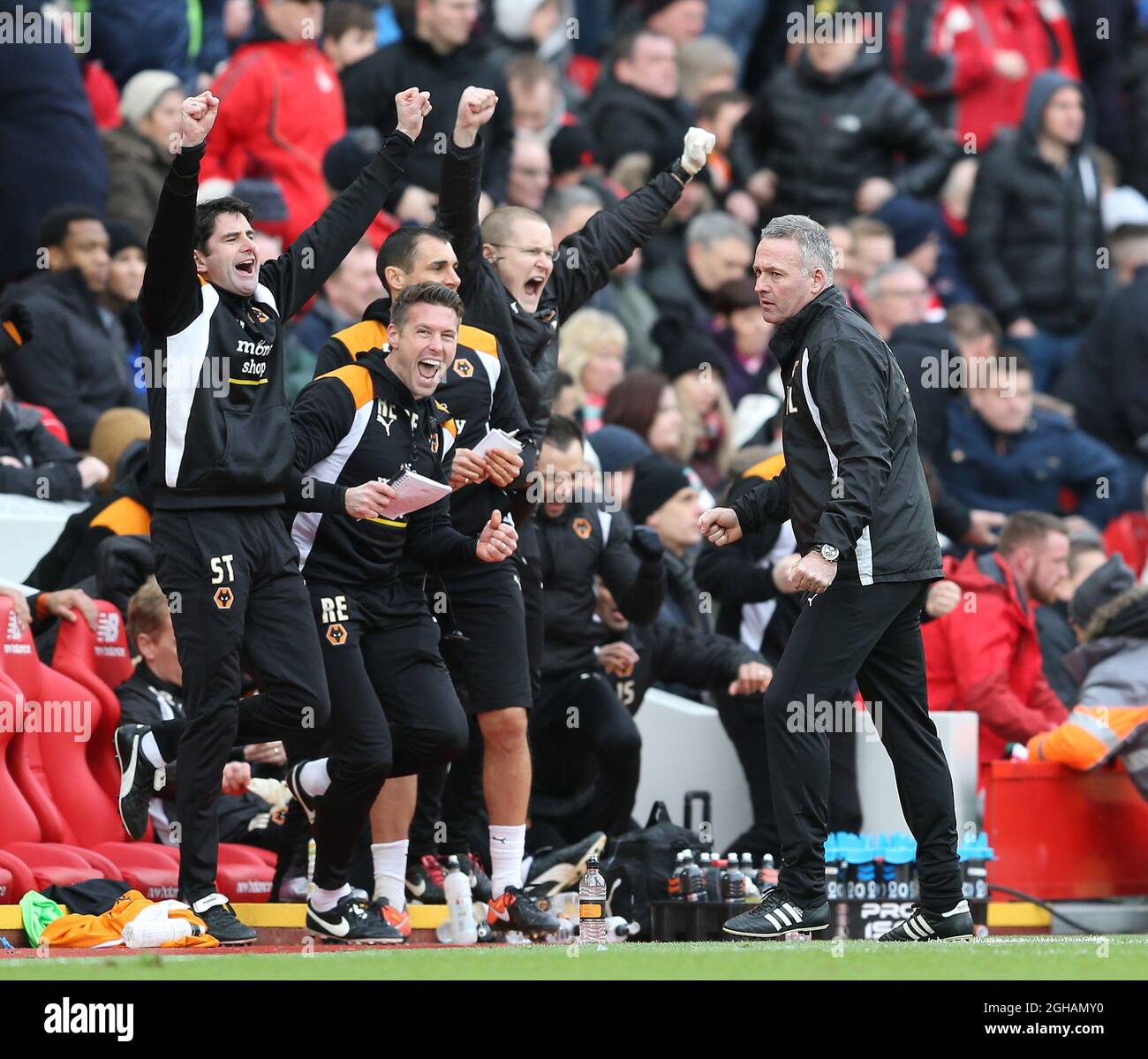 Wolverhampton Bench The Wolverhampton Bench explodes as the final whistle is blown during ...